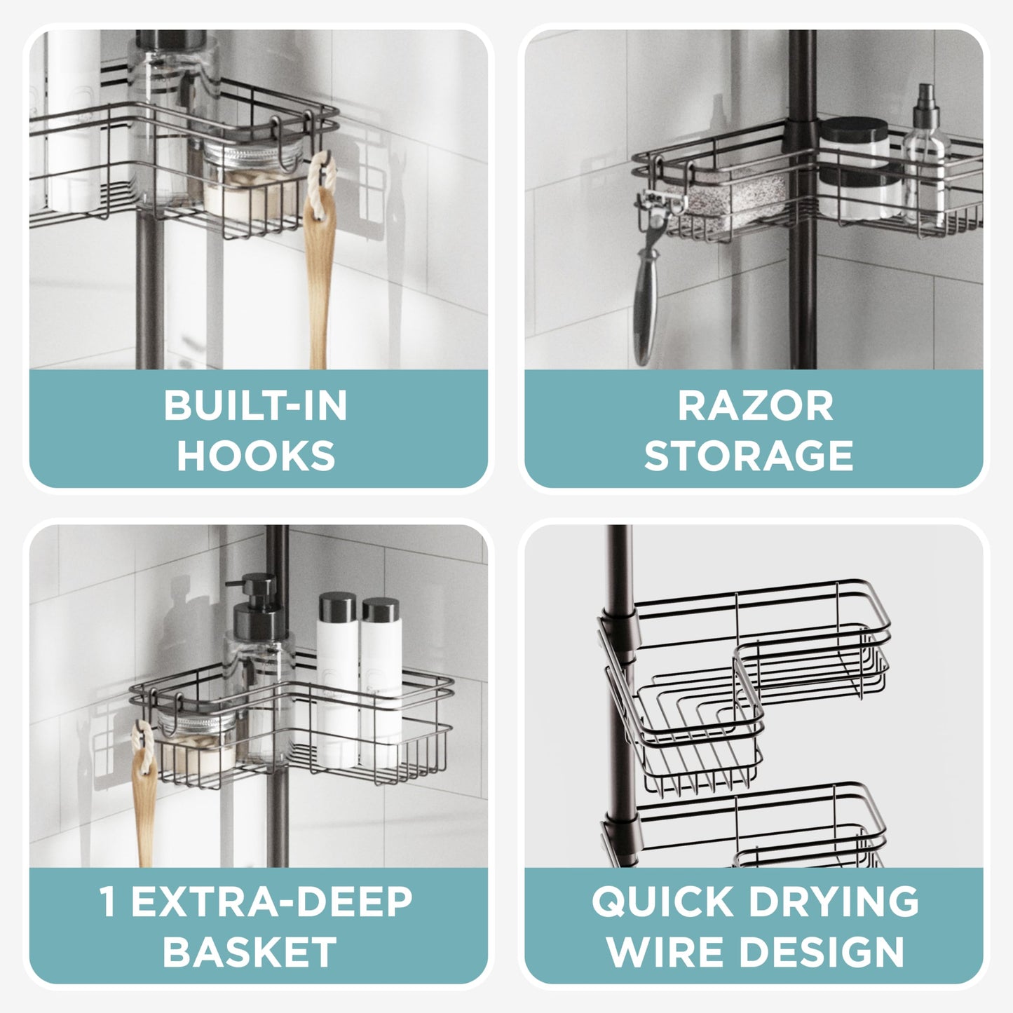 Zenna Home Tension Pole Shower Caddy Corner Organizer, Adjustable Standing Shower Caddy with 4 L-shaped Baskets and Hooks, Rust Resistant Bathroom Tension Rod Organizer, 60 to 97 Inch, Bronze