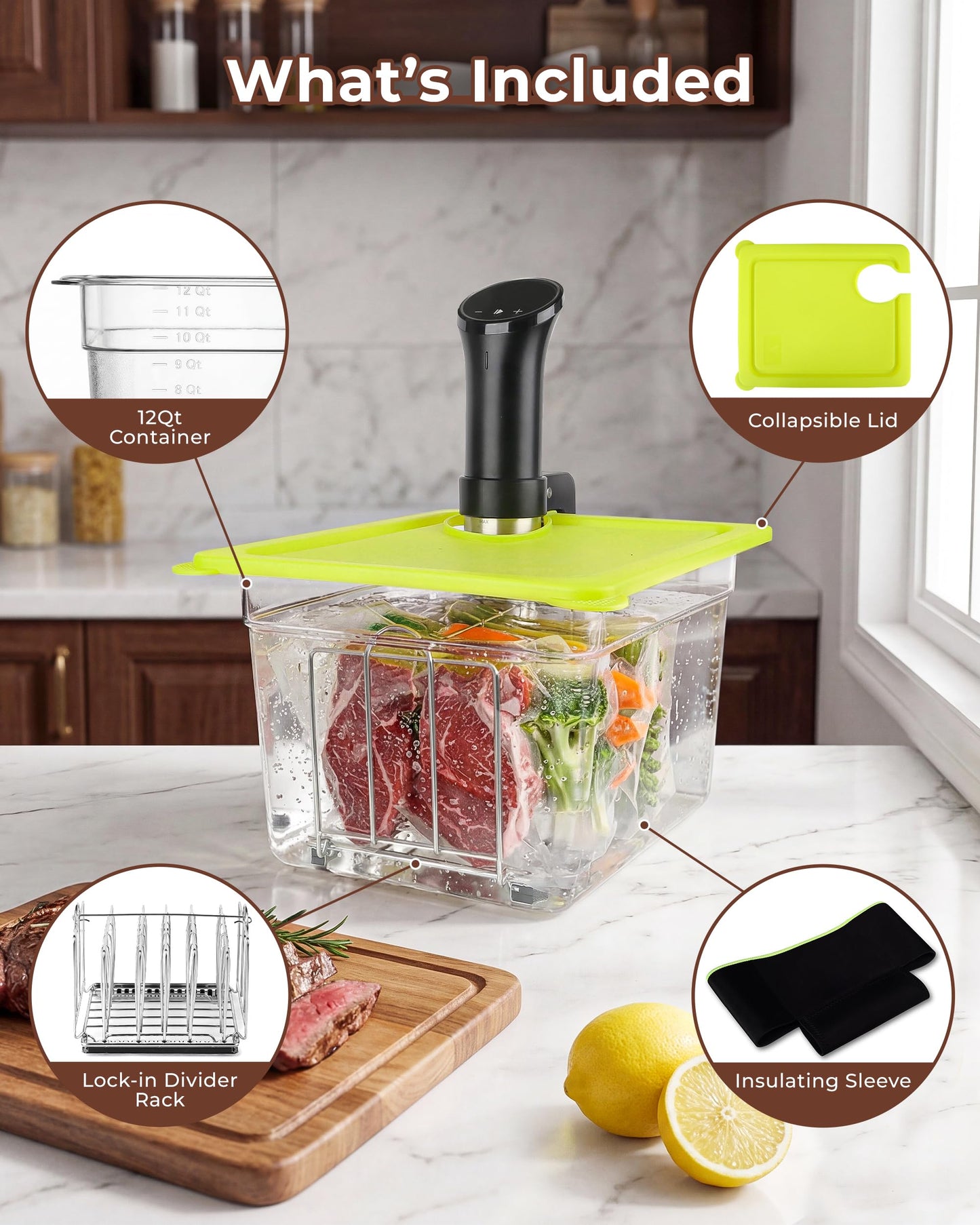 EVERIE 12Qt Sous Vide Container Kit w/Collapsible Lid + Lock-In Divider Rack + Insulating Sleeve – For Long Cooks, Fits Most Clamp-Style Circulators