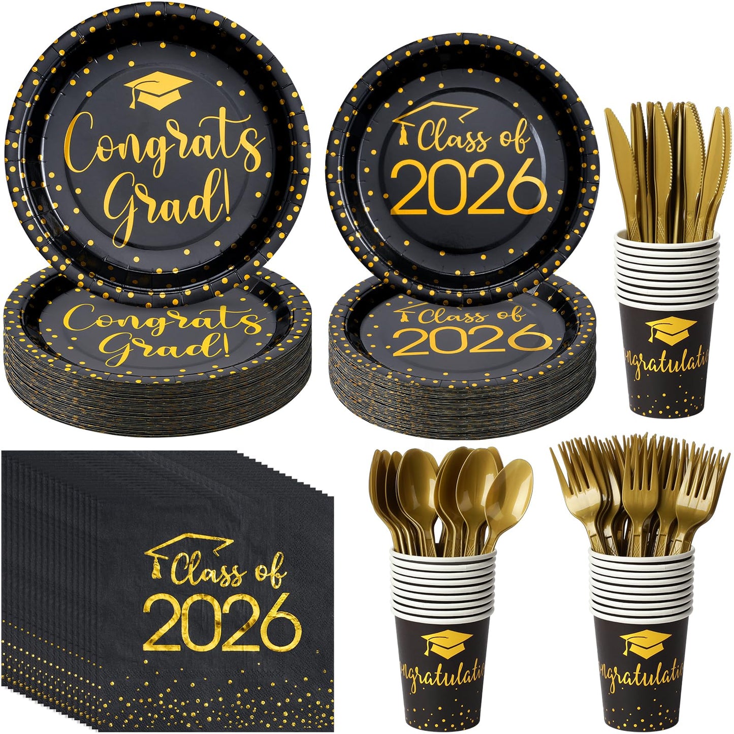 700pcs Class of 2026 Graduation Plates and Napkins Set, Disposable Paper Plate Set Polka Dots Napkins Cups Knife Fork Spoon for Graduation Party Decorations and Supplies,Serve 100 (Black Gold）