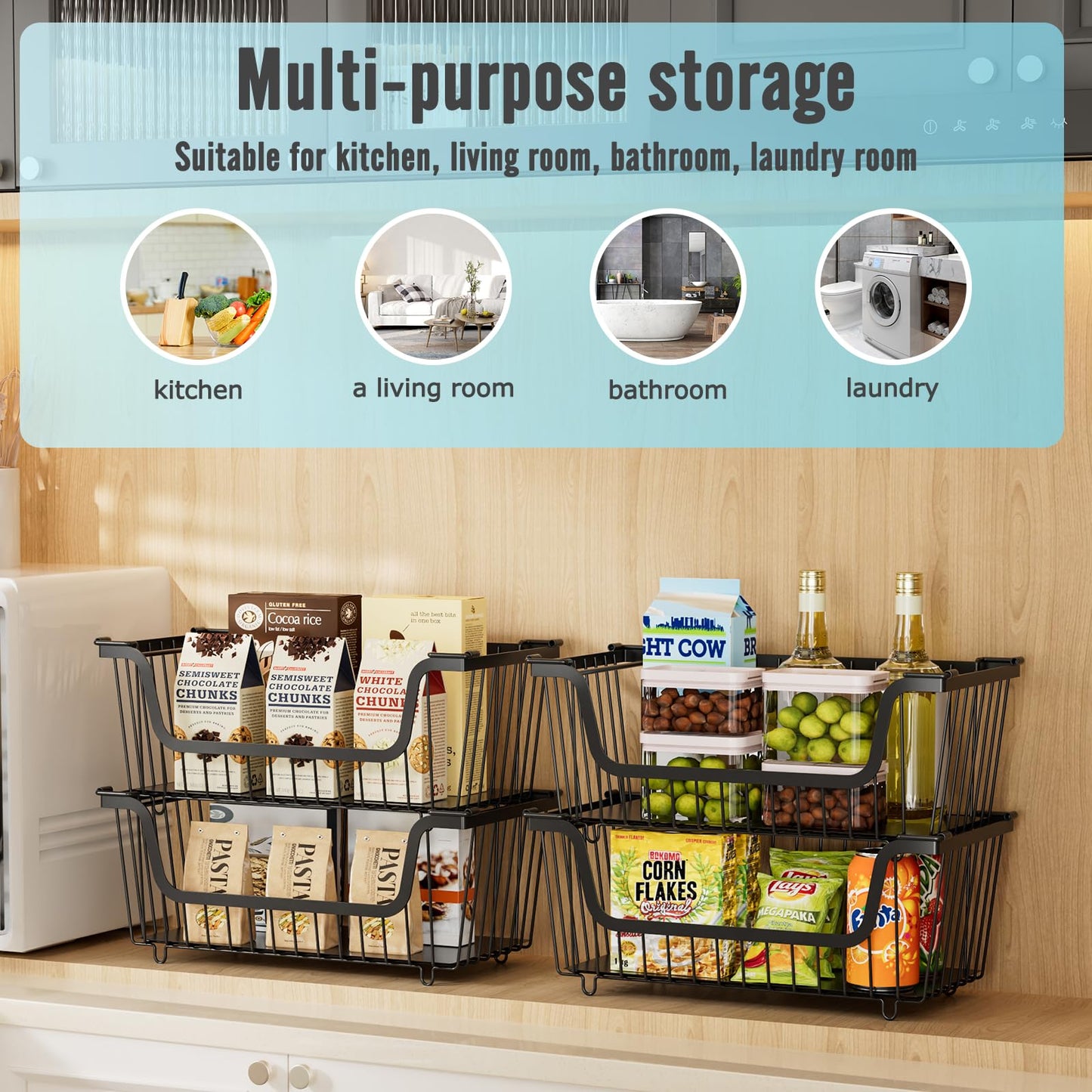 GAOKASE 4 Pcs Stackable Wire Baskets for Pantry Organizers and Storage,Vegetable Fruit Basket for Countertop,Kitchen Storage Metal Baskets,Produce Potato Onion Storage Bin,Black