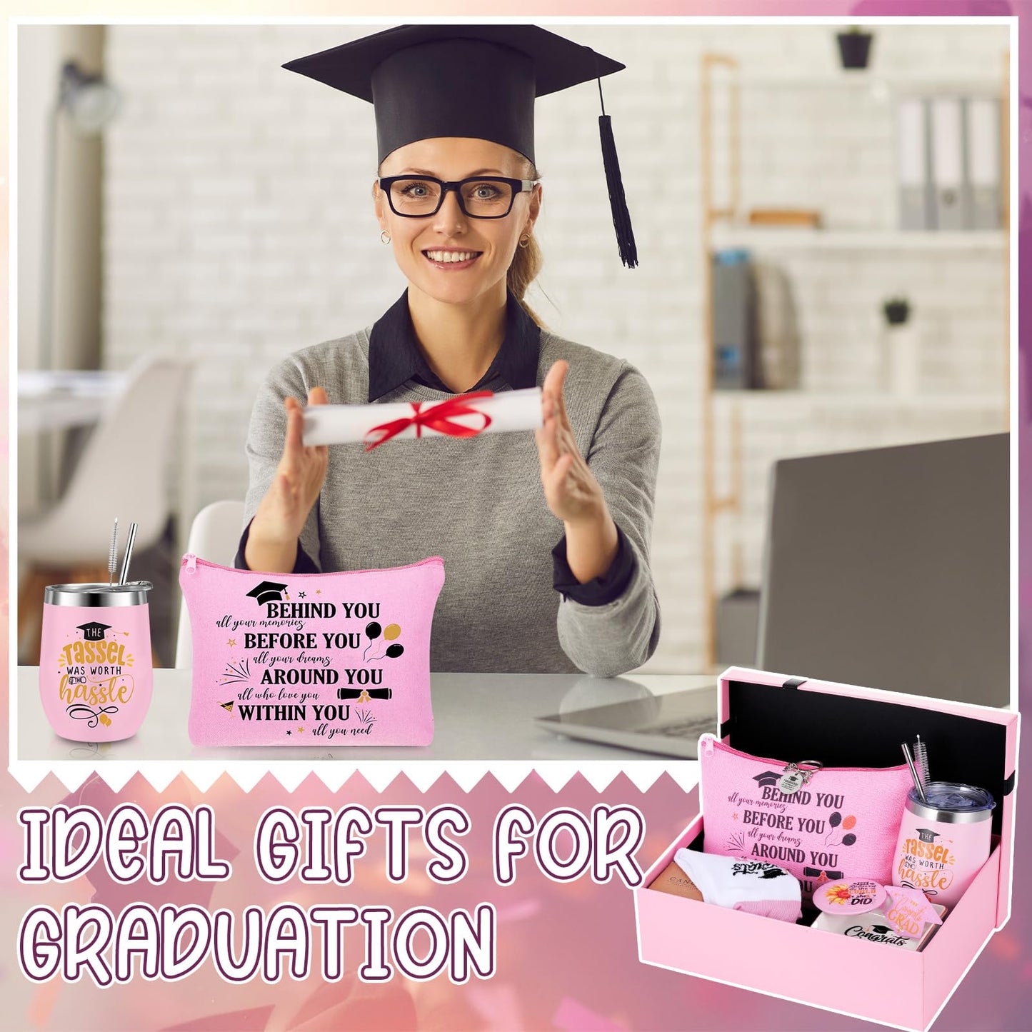 Locmeo 10 Pcs 2026 Graduation Gifts for Women Best College Grad Gifts Basket Master Degree Grad Gift Box Congratulations Gift for Class of 2026 College Masters Graduation(Novelty,Pink)