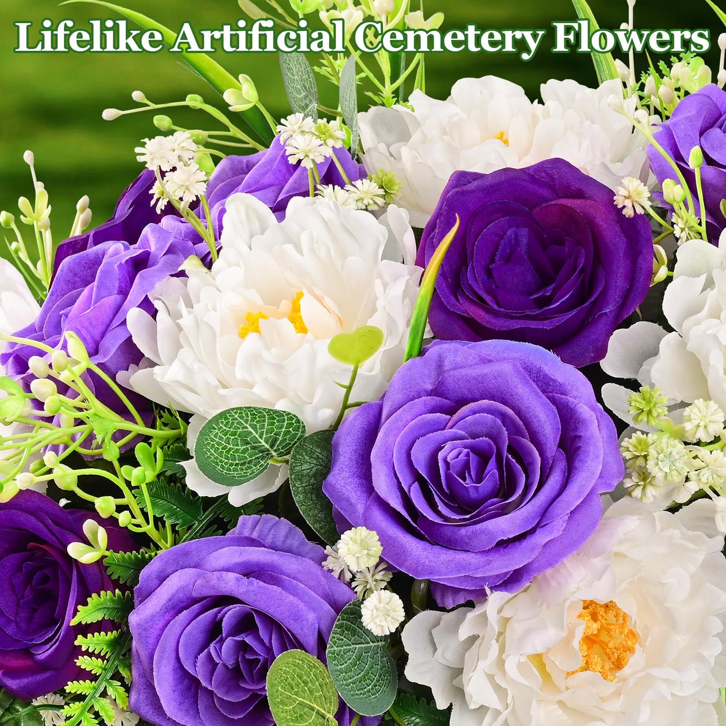 Yastouay Headstone Flower Saddle, Artificial Cemetery Flowers for Grave, Realistic Memorial Day Flowers with Peony Rose, UV Resistant Grave Decorations for Cemetery, Easter Mother’s Day (Purple)
