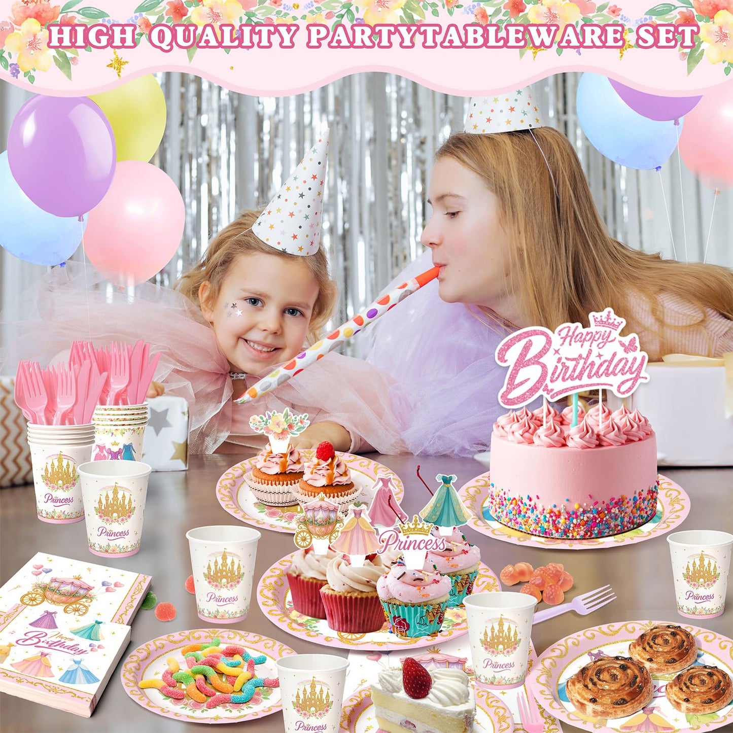 Princess Birthday Party Decorations – 199 PCS Princess Party Supplies for 24 Guests, Includes Plates, Cups, Napkins, Tablecloth, Castle Banner, Balloons, Cupcake Toppers, Tiara & Sash
