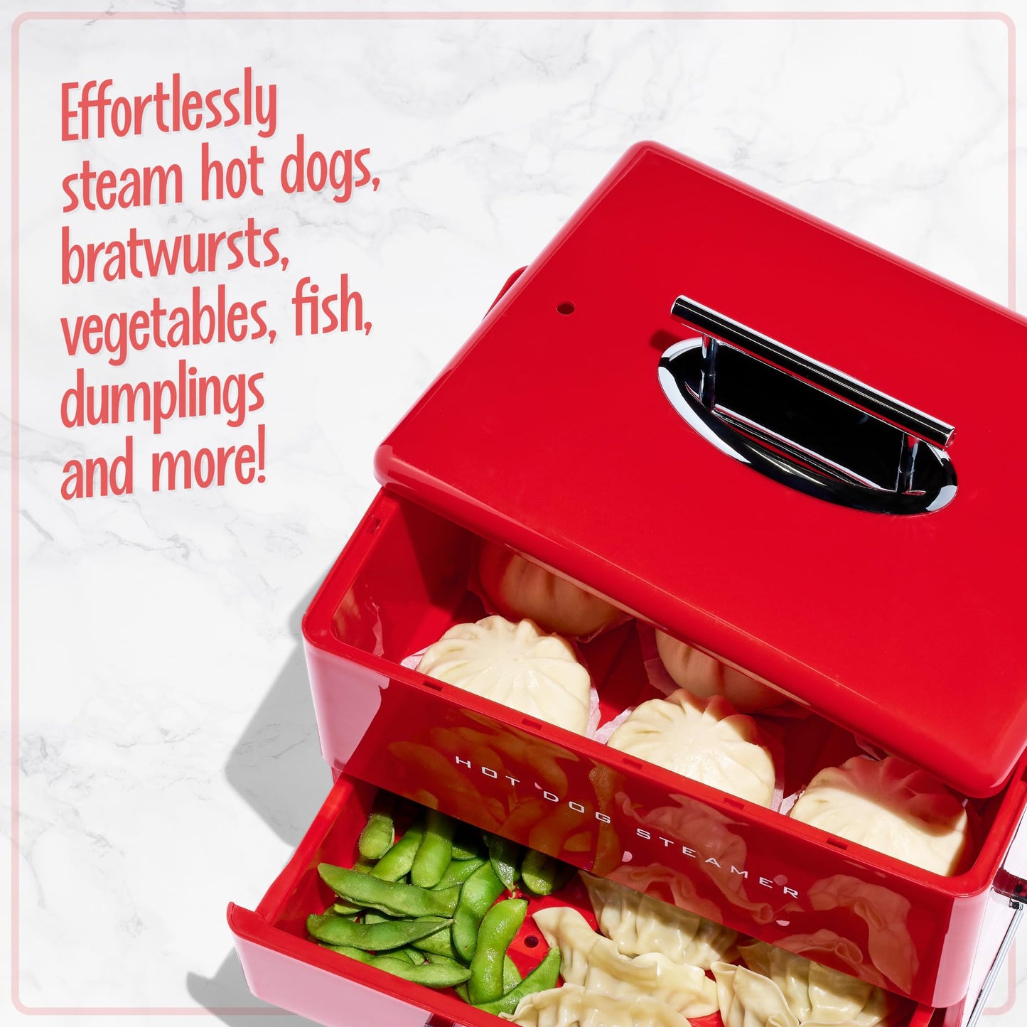 Nostalgia Extra Large Diner-Style Steamer Cooks 20 Hot Dogs & 6 Buns- Hot Dog Steamer for Breakfast Sausages, Brats, Vegetables & Fish- Bun Warmer Steamer Perfect for Game Days or Parties- Red