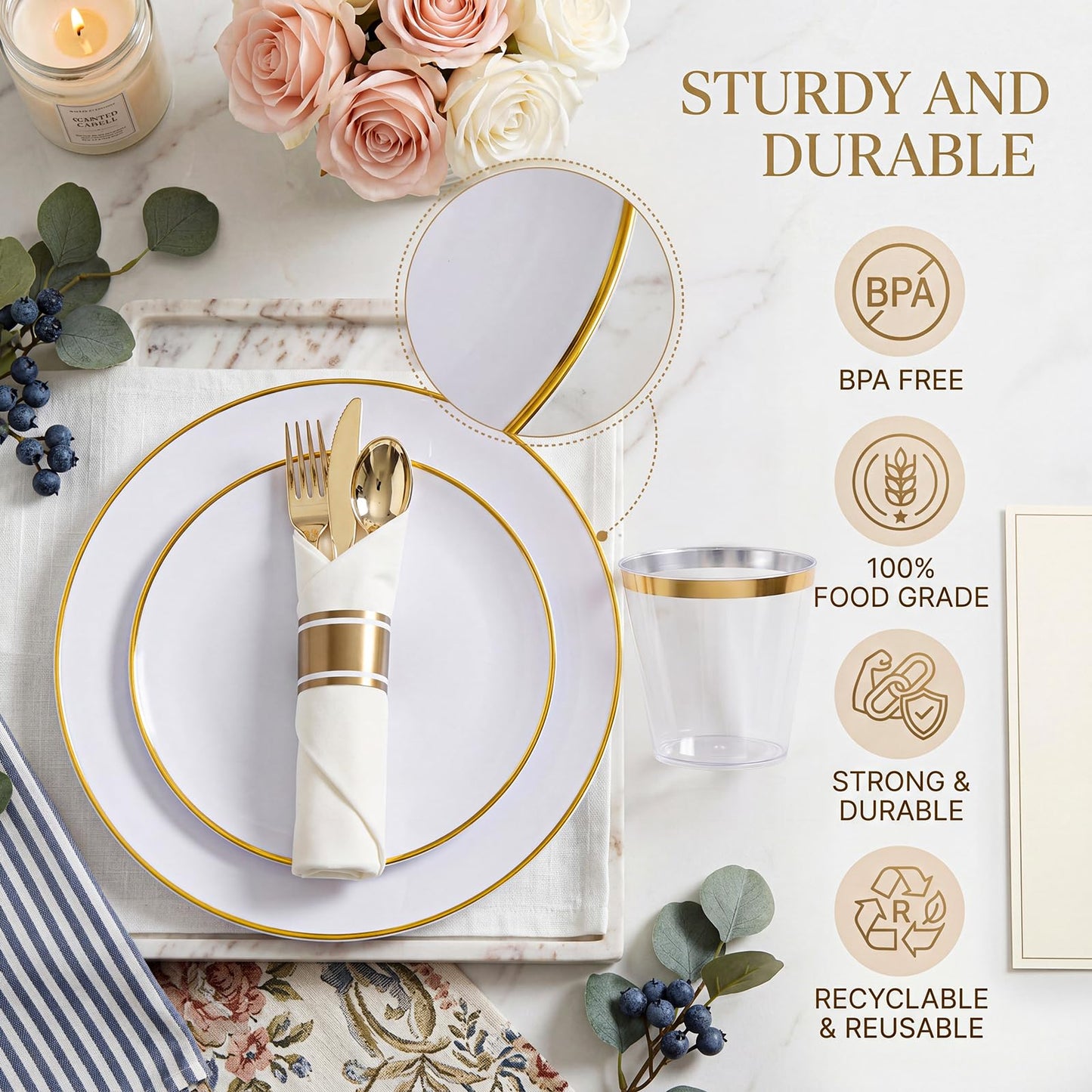 KIRE 175PCS Gold Plates Disposable - Heavy Duty White and Gold Plastic Plates Dinnerware Sets - 25 for Dinner 25 for Dessert 25 Pre Rolled Napkins and 25 Cups for Birthday/Wedding/Party