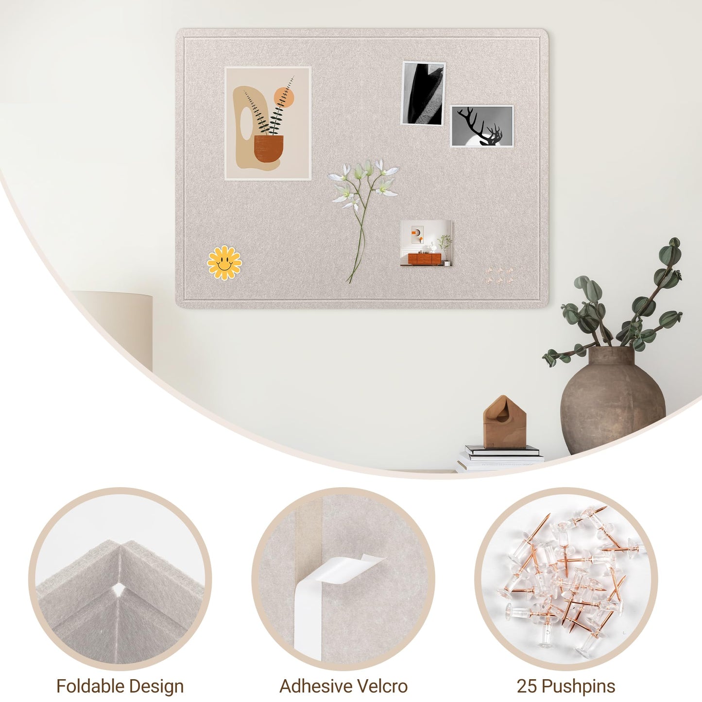 AKTOP Bulletin Board, 24" x 36" Foldable Felt Notice Pin Board for Wall, Decorative CorkBoard Photo Display Board with Self-Adhesive Tape, Vision Board Cork Board Alternative with 25 Pushpins - Latte