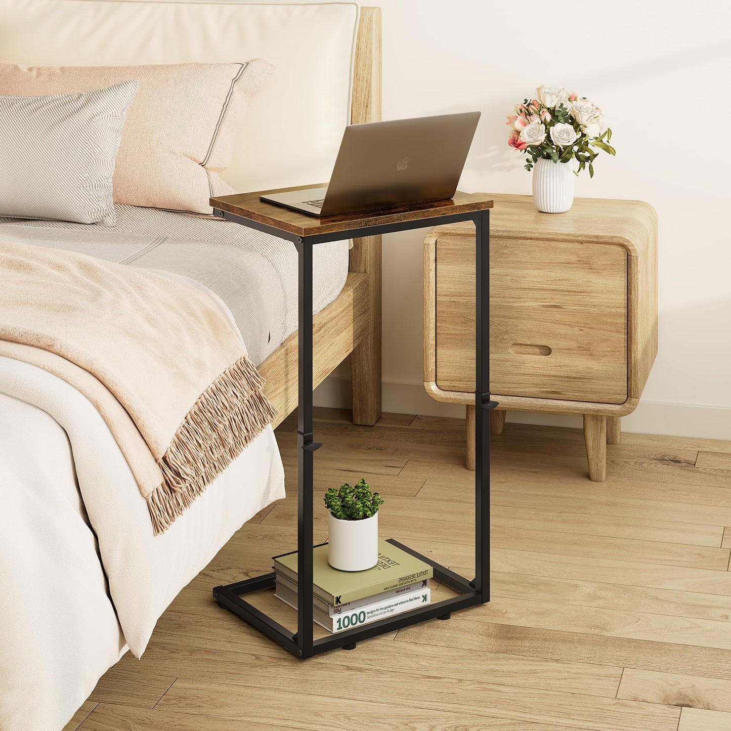 Vagusicc C Shaped End Table for Couch, 33.2'' Tall C Table Adjustable Height Side Table, Small Side Table for Small Spaces, Couch Tables that Slide Under, Tv Tray Table for Living Room, Rustic Brown