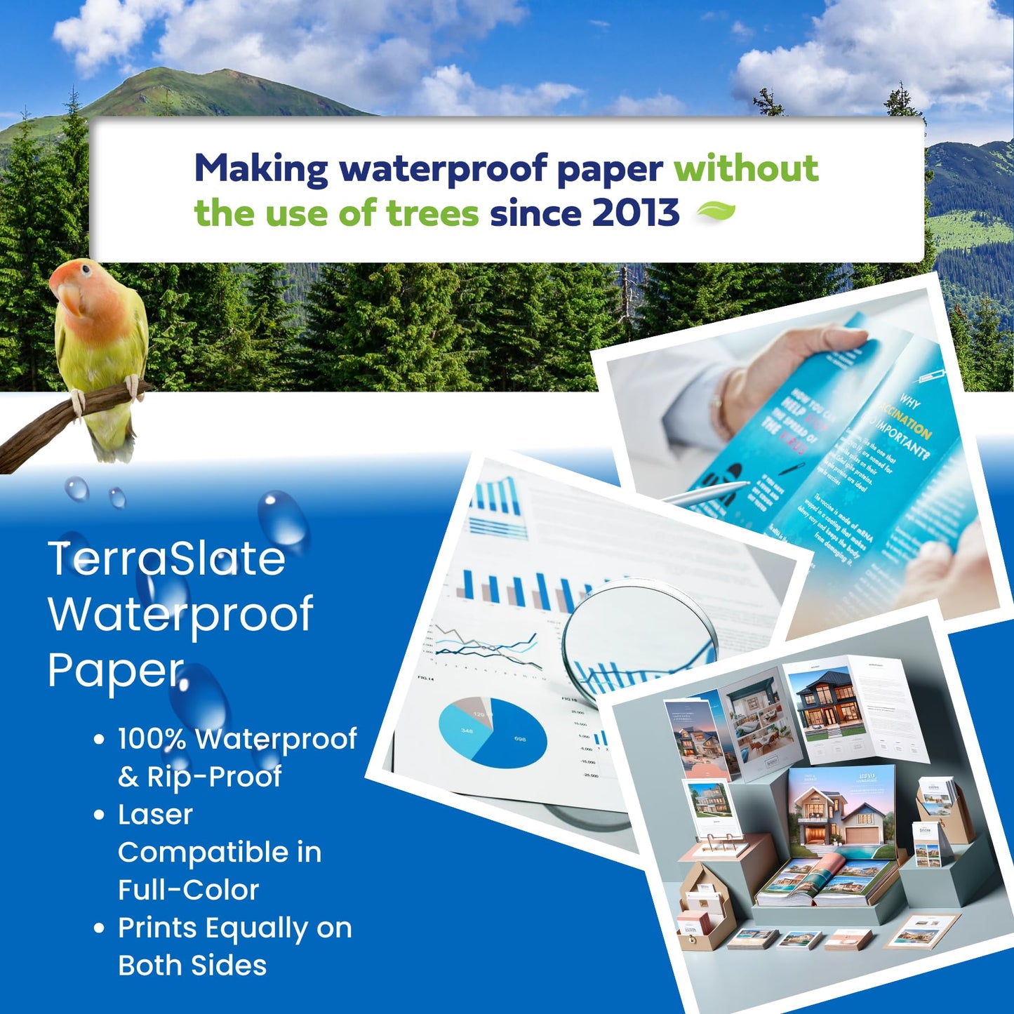 TerraSlate Waterproof Paper - Hydronote 54lb Multipurpose Copy Paper 8.5” x 11”, 100 Sheets, Inkjet Printer and Laser Printer Paper Compatible - Weather/Rain Proof, Durable, White Paper