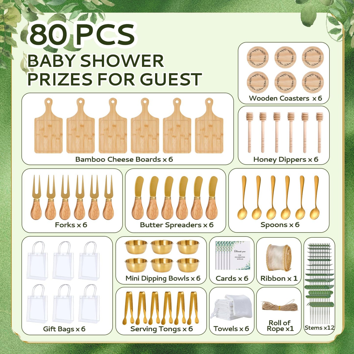 80Pcs Baby Shower Prizes for Game Winners 6 Sets Cheese Board Honey Dipper Stainless Steel Charcuterie Utensils Set Towel Thank You Card and Gift Bags for Baby Shower Wedding Bridal Shower Favors