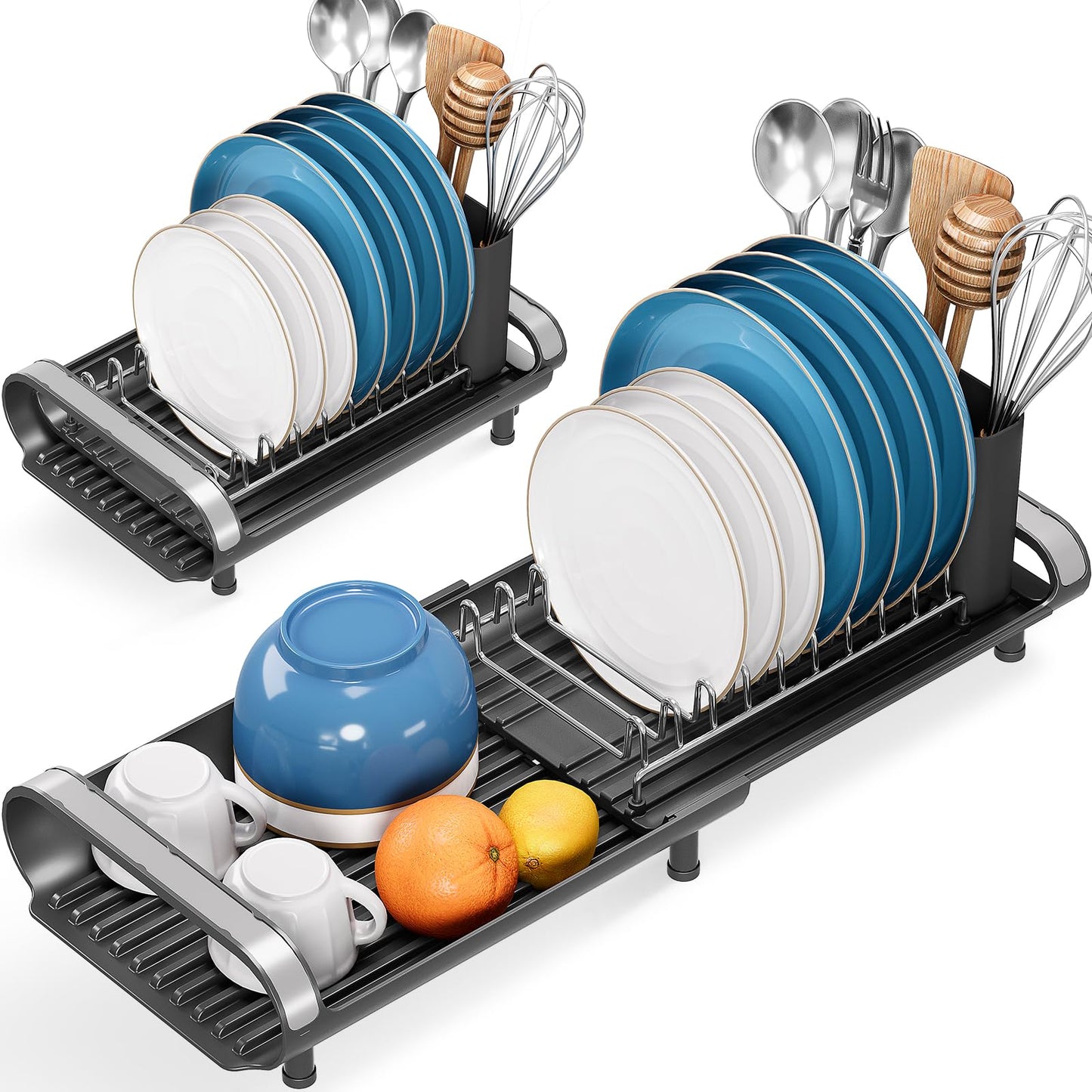 Small Dish Drying Rack, Mini Expandable Compact Dish Rack, Slim Extendable Stainless Steel Dish Drainer for Kitchen Plate Storage, Space Saving Dish Strainer in Sink or on Home Countertop, Black