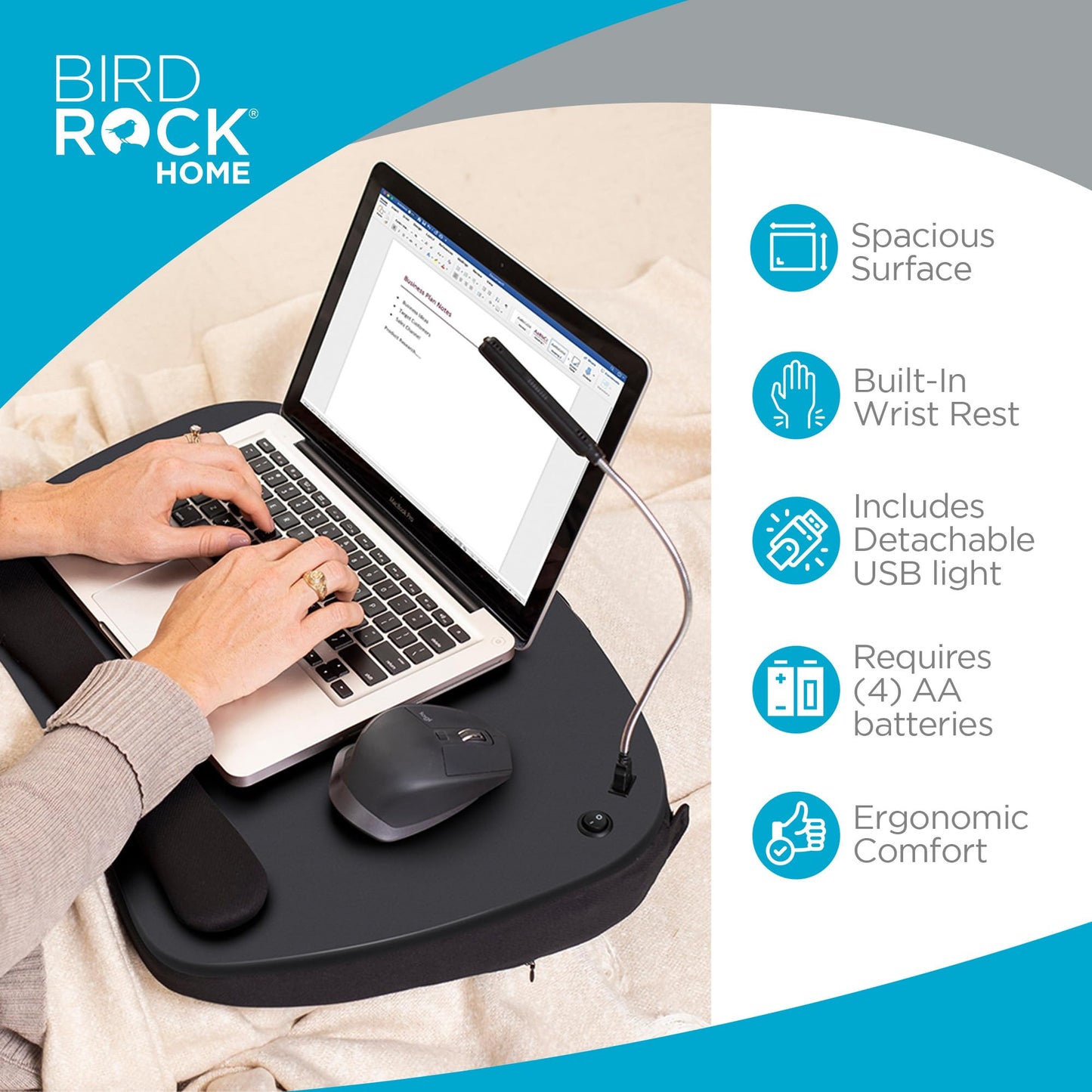BIRDROCK HOME Oversized Lap Desk with Memory Foam Cushion - Portable w/USB Light & Wrist Rest, Ideal for Work from Home, Students & Gaming, Ergonomic Design for Comfort - Matte Black