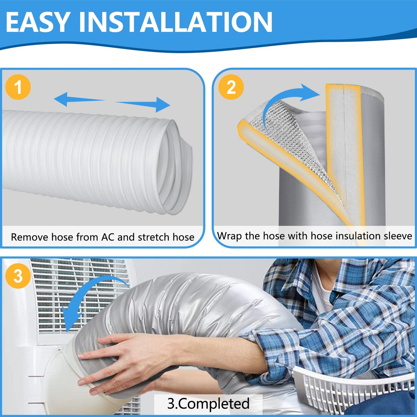 Upgraded Aluminum Foil Portable AC Hose Insulation Sleeve | Heat Reduction for 5"-5.9" Air Conditioner Hoses | Waterproof Cover Wrap with Strong Velcro | Energy Saving for AC Duct Vents | 2Pcs Silver