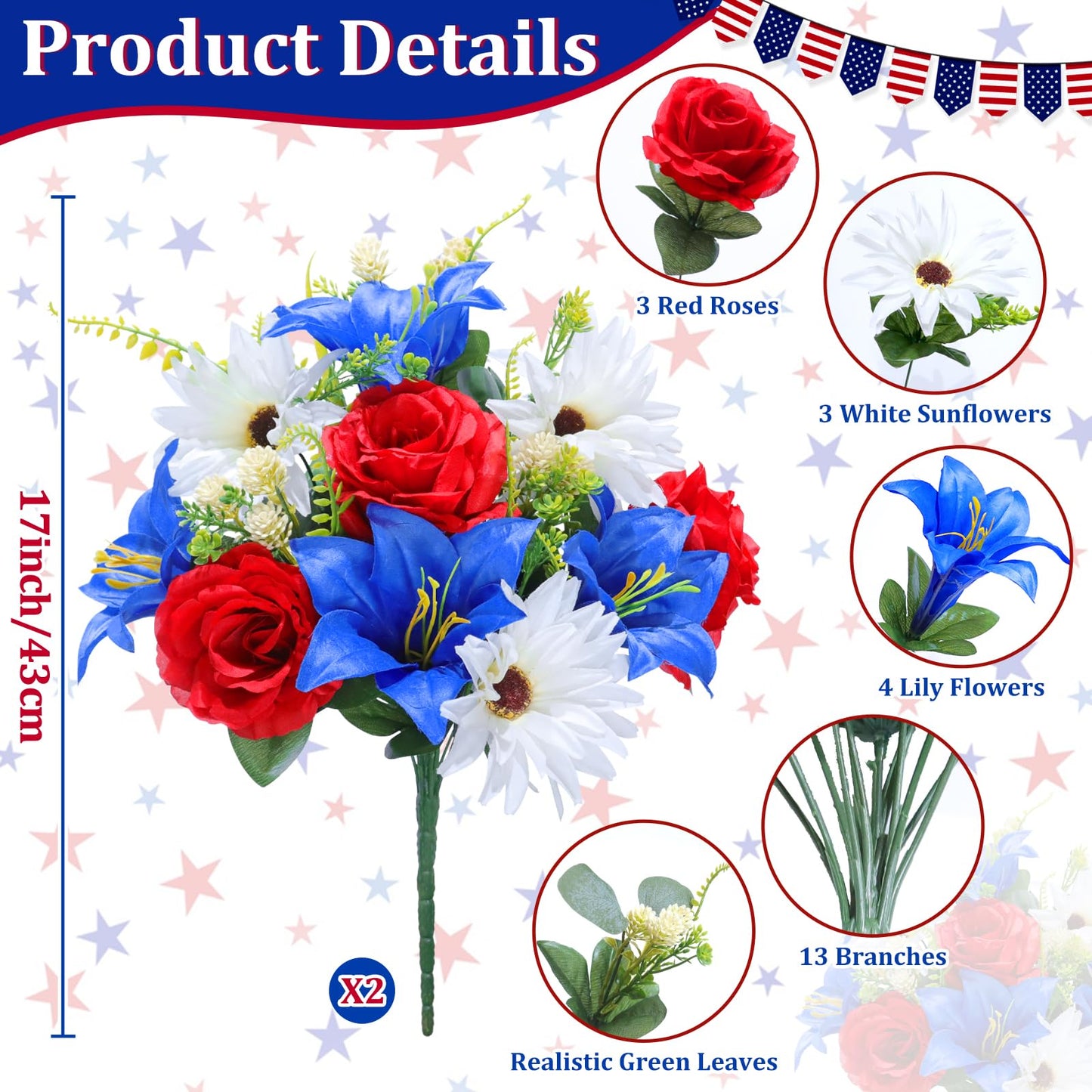 Large 20 Heads Artificial Red White and Blue Flowers Outdoor UV Resistant 2 Bouquets Patriotic Flowers Roses Sunflowers Lilies for 4th of July Decor Veterans Indoor Home USA 250th Anniversary