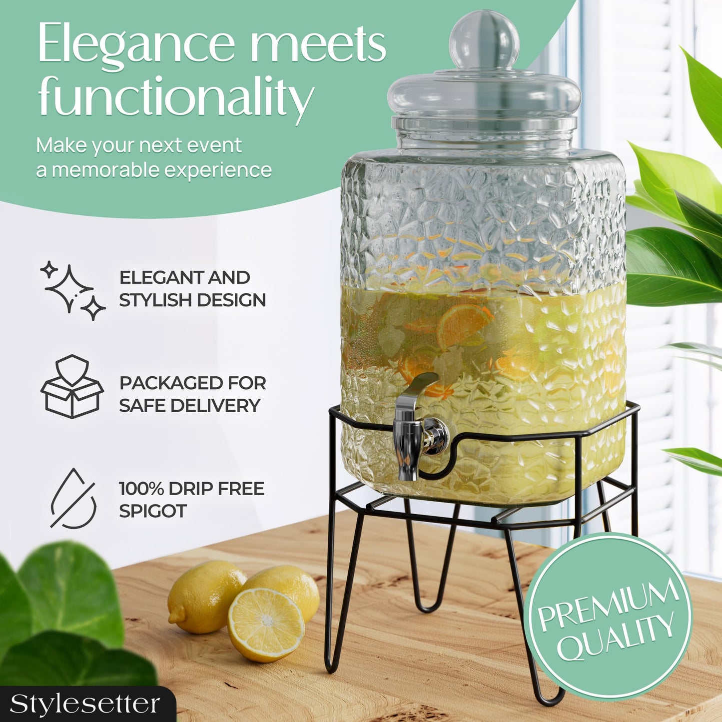 Style Setter Premium Glass Drink Dispensers with Metal Stand for Parties – Beverage Dispenser Set for Cold Drinks, Lemonade, Cocktails, Juice – Party Glass Drink Dispenser Station, Set of 1-1.5 Gal