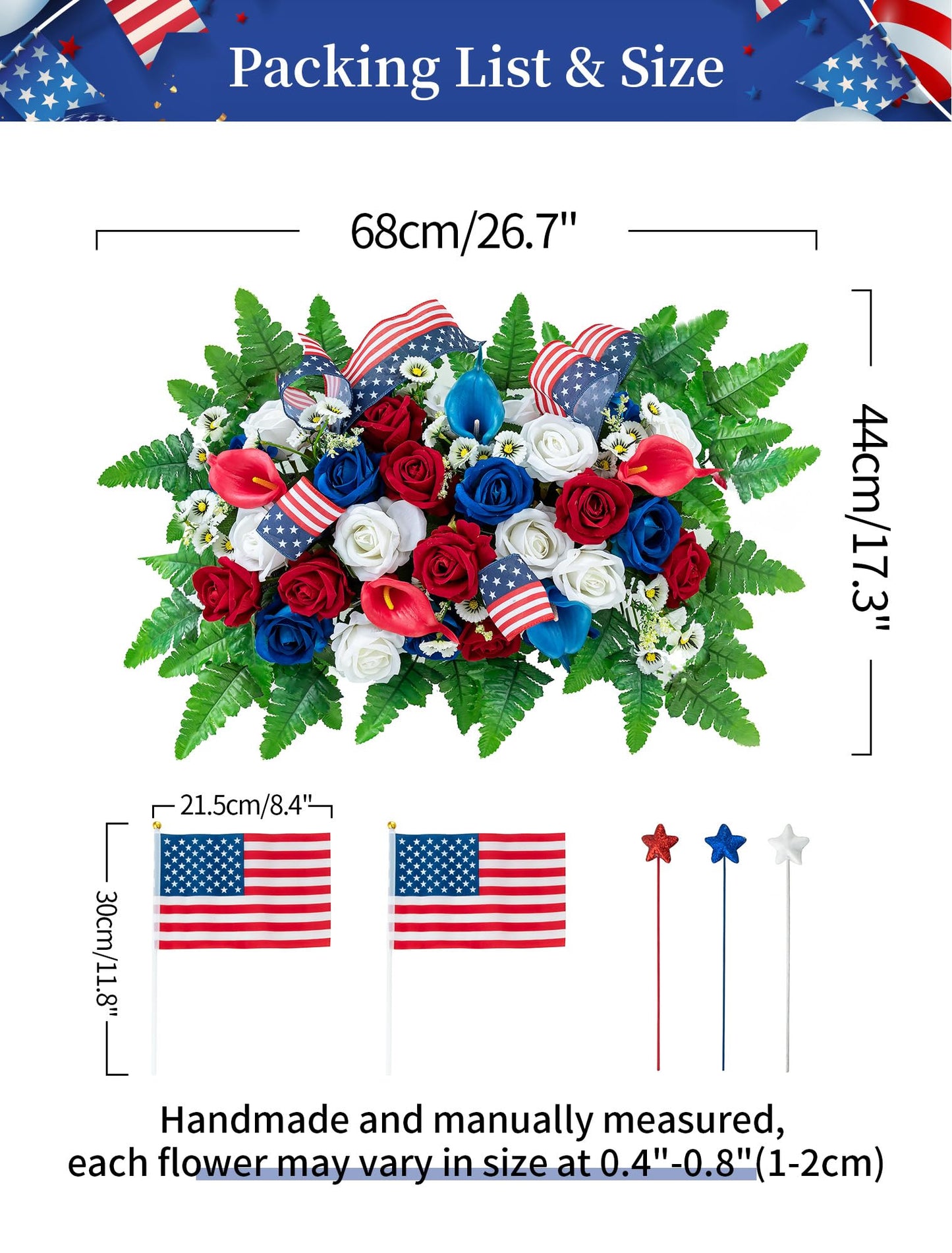 Memobloom Memorial Day Decorations for Cemetery: Patriotic Red White Blue Headstone Flower Saddle - Outdoor Artificial Velet Roses Cemetery Flowers for Grave with Flags for 250th Birthday of America