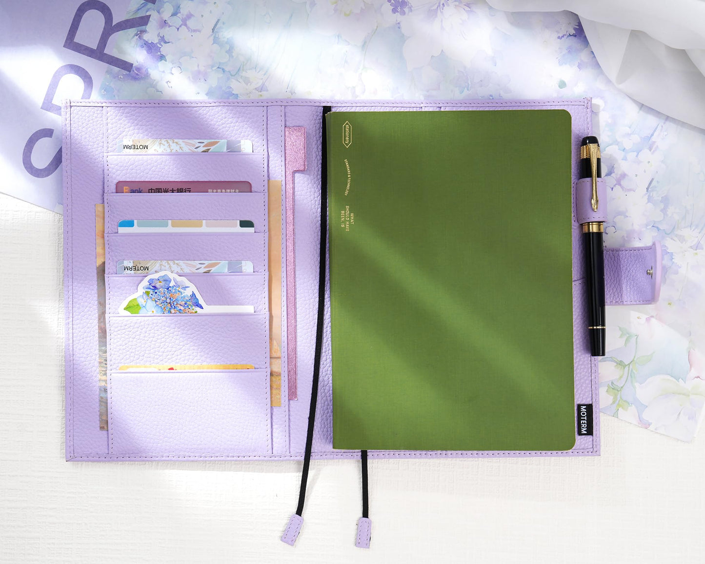 Moterm Leather A5 Notebook Cover - Fits Hobonichi Cousin, Stalogy and Midori MD Planners, with Pen Loop, Card Slots and Back Pocket (Pebbled-Lavender)