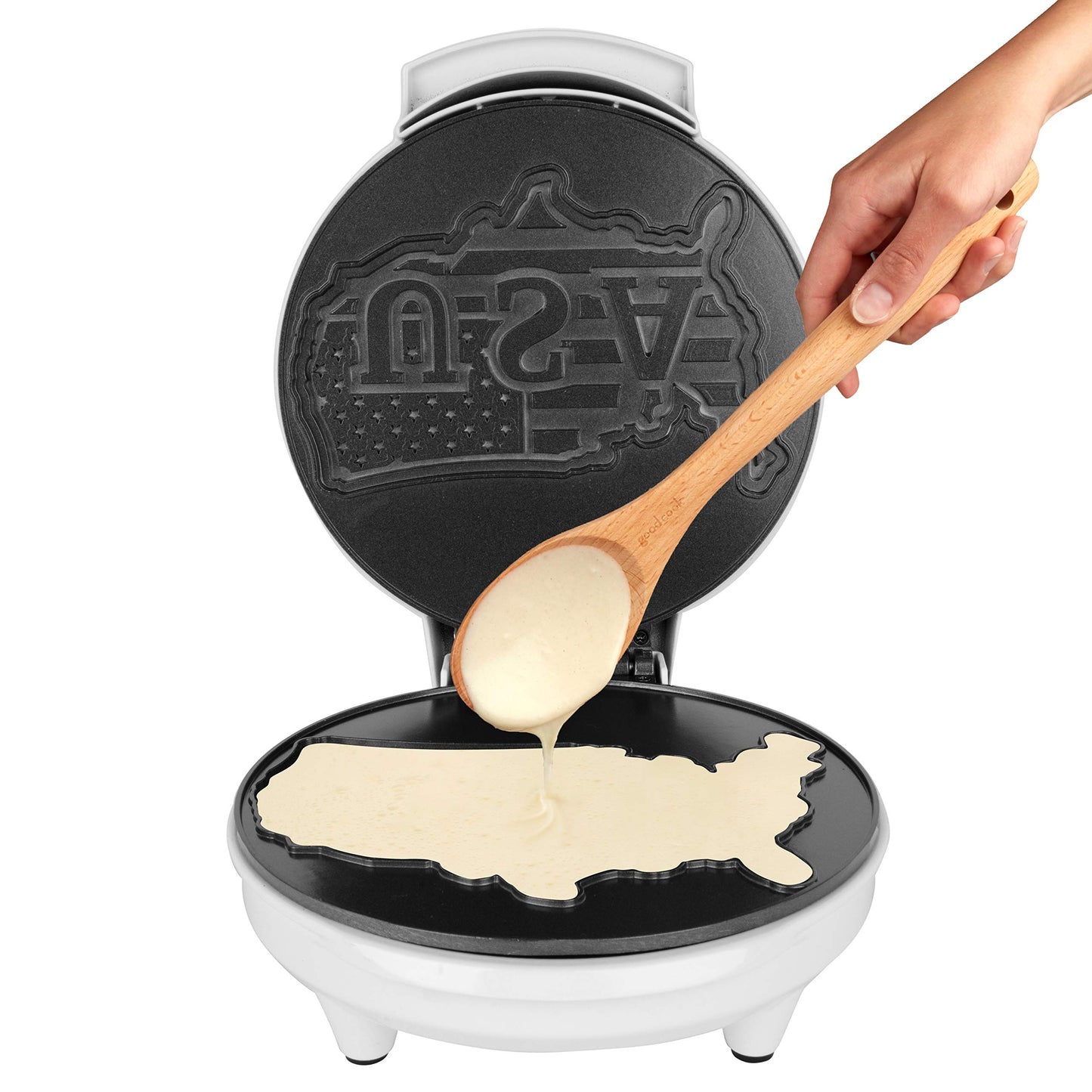 Great American USA Waffle Maker- 4th of July Must Have- Giant 7.5" Patriotic Waffles Pancakes- Electric Nonstick Waffler Iron- America Spirit Party, Summer Breakfast Baker w Recipes- Dad Novelty Gift