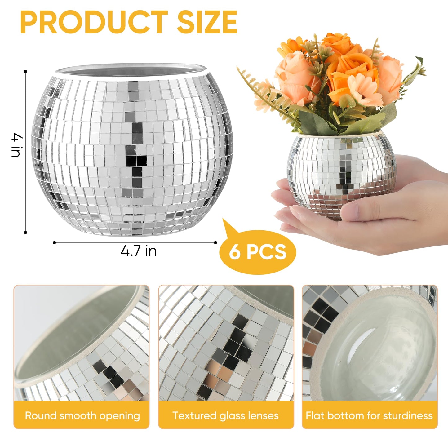 6 Pcs Disco Ball Vase Disco Ball Planter for Centerpieces Disco Ball Decor Flower Vase with Silver Mirror Glass for Wedding, Birthday, Party (4" X 4.7")
