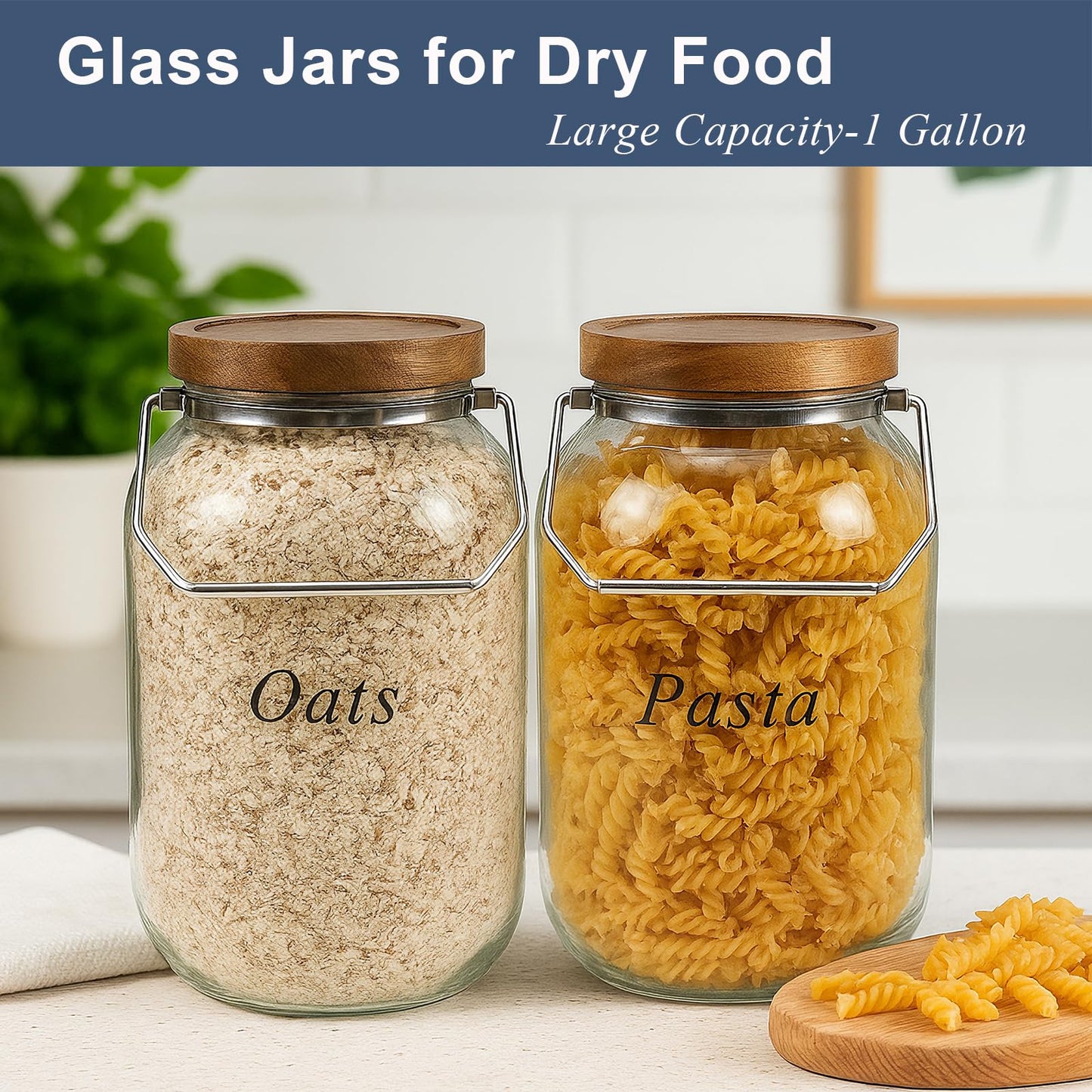 YoenKtss 2 Pack Glass Flour Sugar Storage Containers with Handle, 1 Gallon Glass Jars with Airtight Lid, Wide Mouth Large Mason Jars 128oz for Rice, Pasta, Oats, Coffee Storage