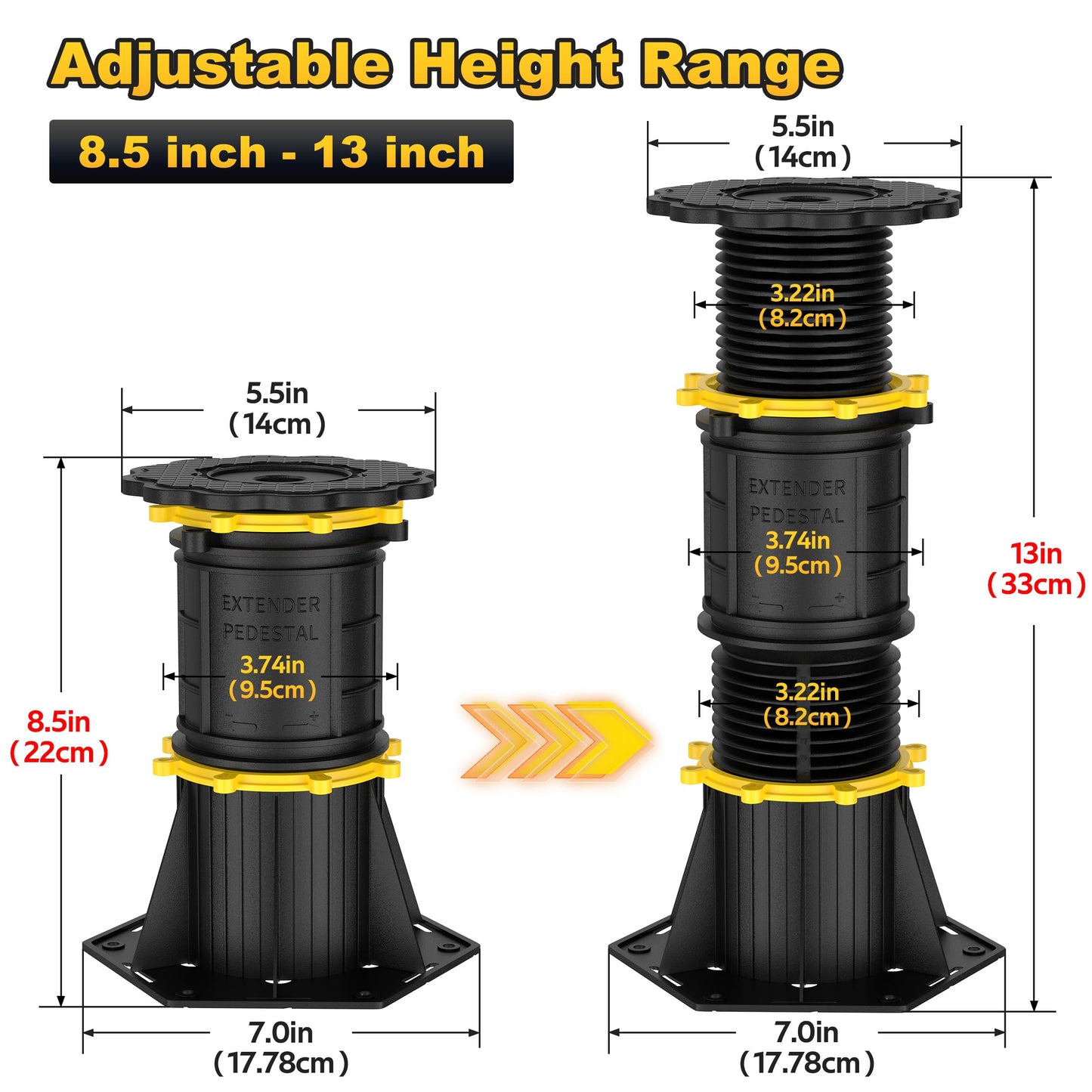 Wlrrcwdttc 2 Pcs Adjustable Height Bed Support Legs, 8.5-13 inch, Black Plastic, Bed Frame/Bed Center Slat Support, Reinforcement Parts