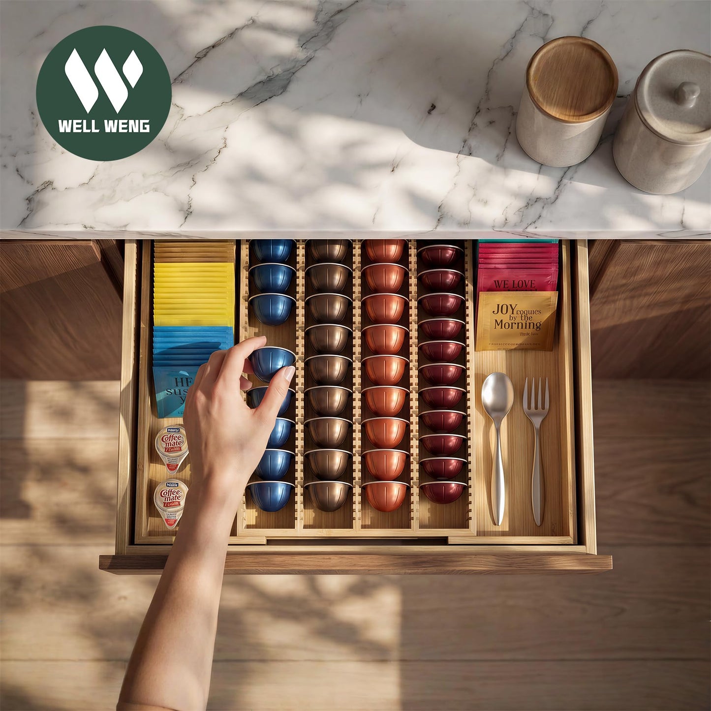 WELL WENG Larger Expandable Bamboo Organizer Holder for Counter Drawer Insert - Compatible with Nespresso Vertuo Capsules - Tea Bags Storage (Natural) 10.8" -19"W x15.67"Dx1.9"H