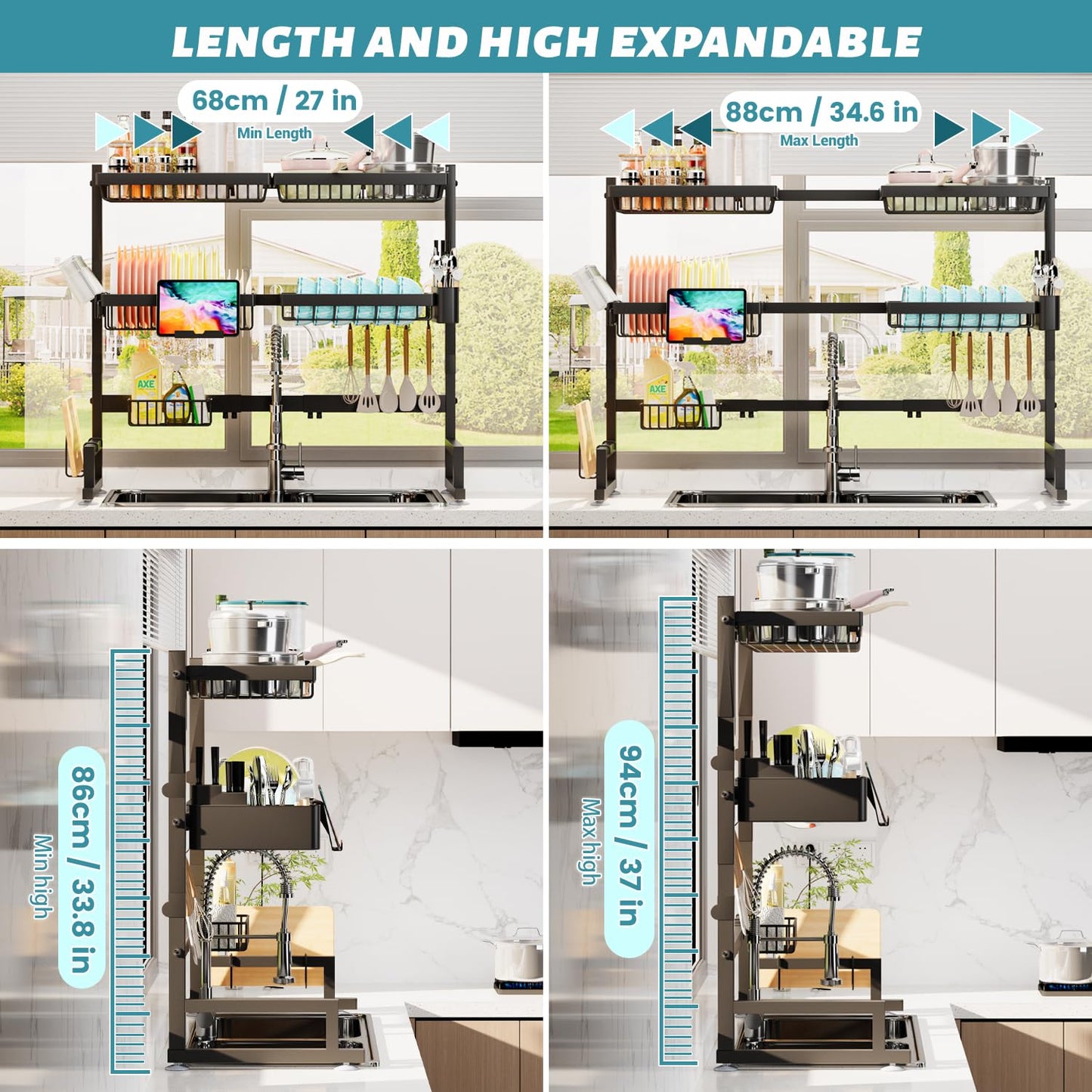 ADBIU Over The Sink Dish Drying Rack (Expandable Height and Length) Snap-On Design 2 Tier Large Dish Rack (27-40L x 12W x 32.5-37H (inches))