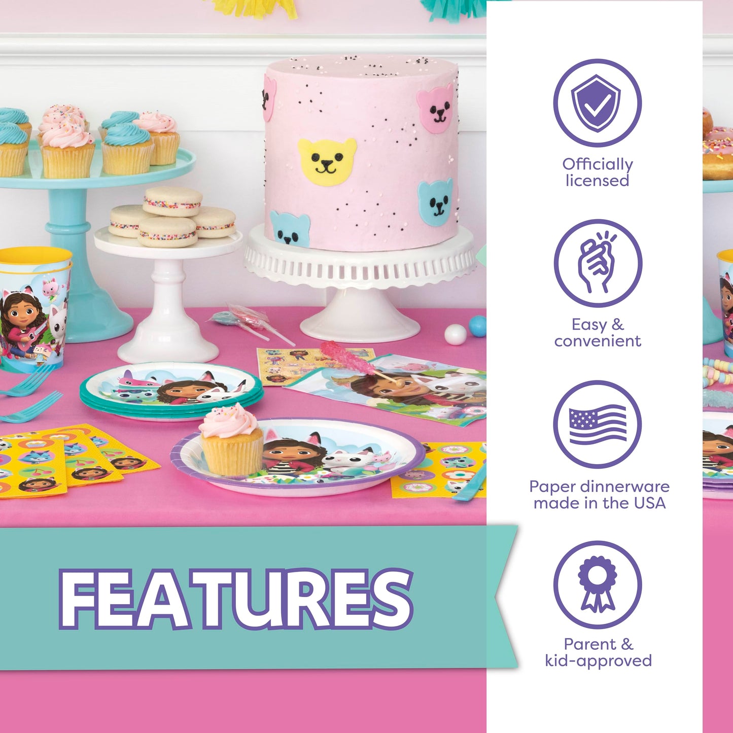 Gabby Dollhouse Party Decorations | Gabby Birthday Party Decorations | Tablecover, Banner, Plates, Napkins, Button | Serves 16 | Officially Licensed