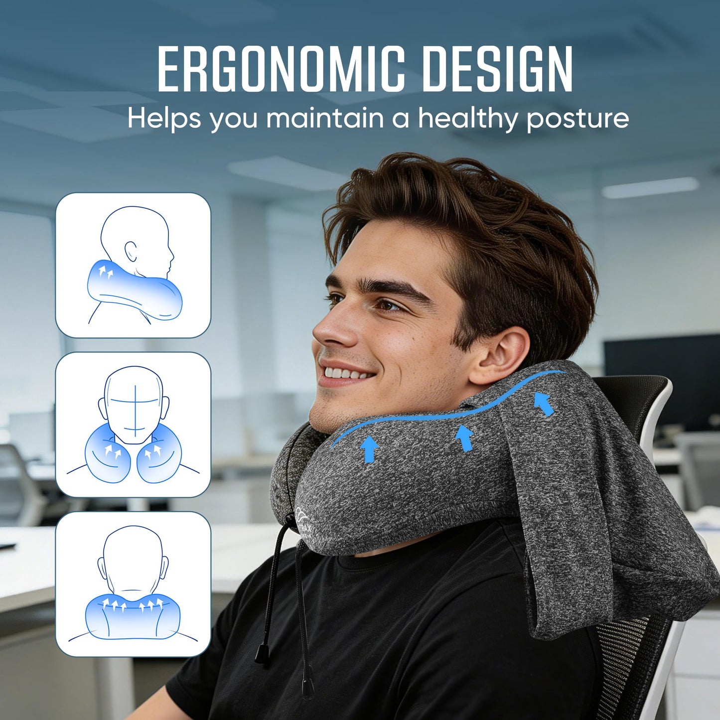 Travel Pillow with Extra Large Hood for Airplane Long Flights Privacy and Comfort Memory Foam with Skin-Friendly Cover for Road Trip Head&Neck Support for Plane Office Cars Sleeping & Rest (Grey)
