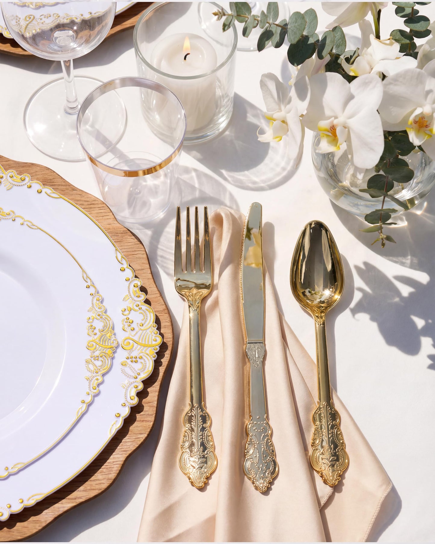 Nervure 350PCS Gold Plastic Dinnerware - White and Gold Disposable Plates for 50 Guests - 100 White Disposable Plates, 150 Plastic Silverware, 50 Cups, 50 Napkins for Wedding & Party & Graduation