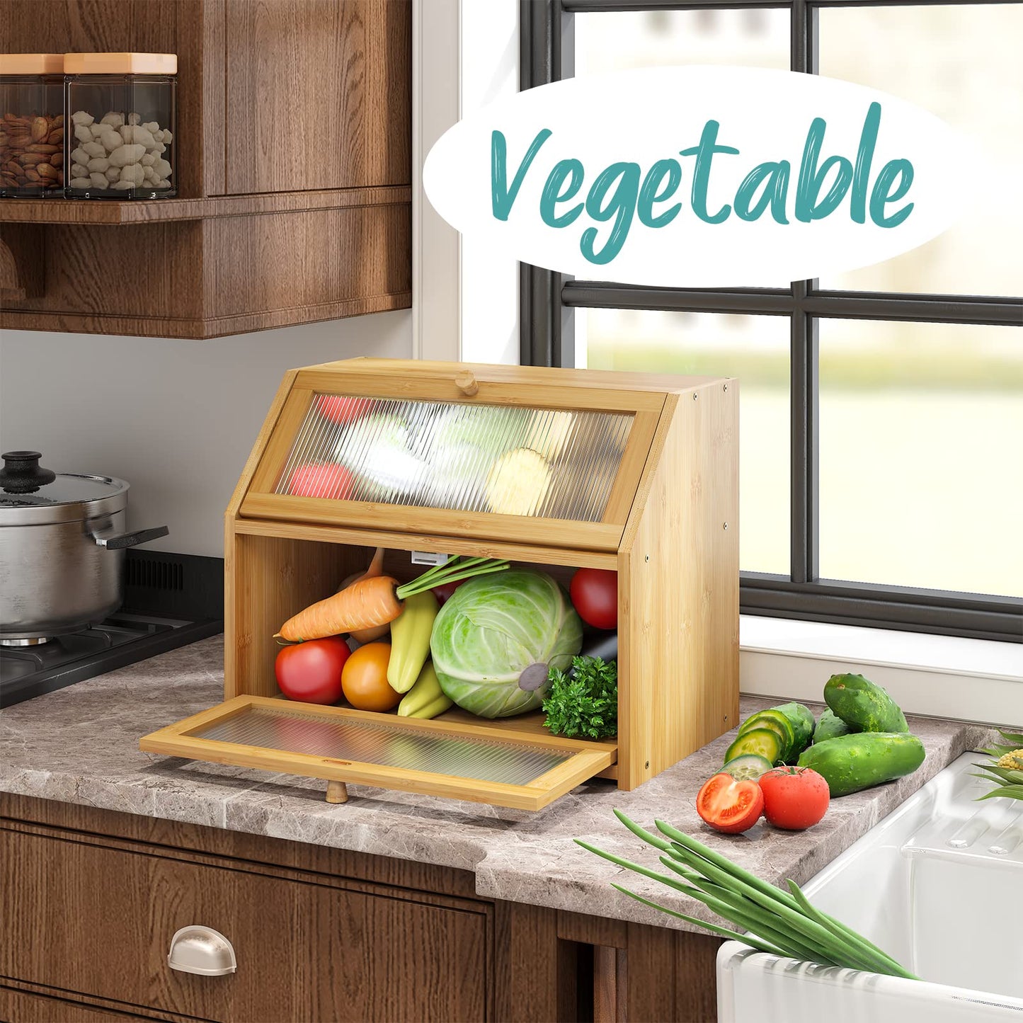 Vriccc Bread Box for Kitchen Counter, Large Bamboo Wood Double Layer Bread Box, Wooden Bread Storage Capacity