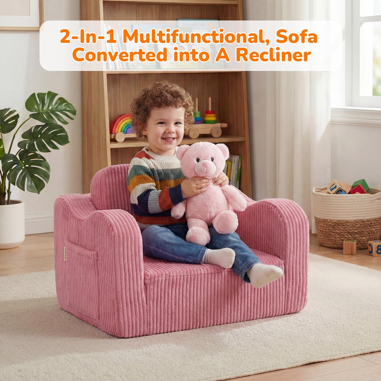 MeMoreCool Corduroy Pink Kids Chair, 2-in-1 Kids Couch Fold Out to Lounger for Girls, Comfy Foam Sofa for 1-3 Year Old with Washable Cover for Playroom and Bedroom