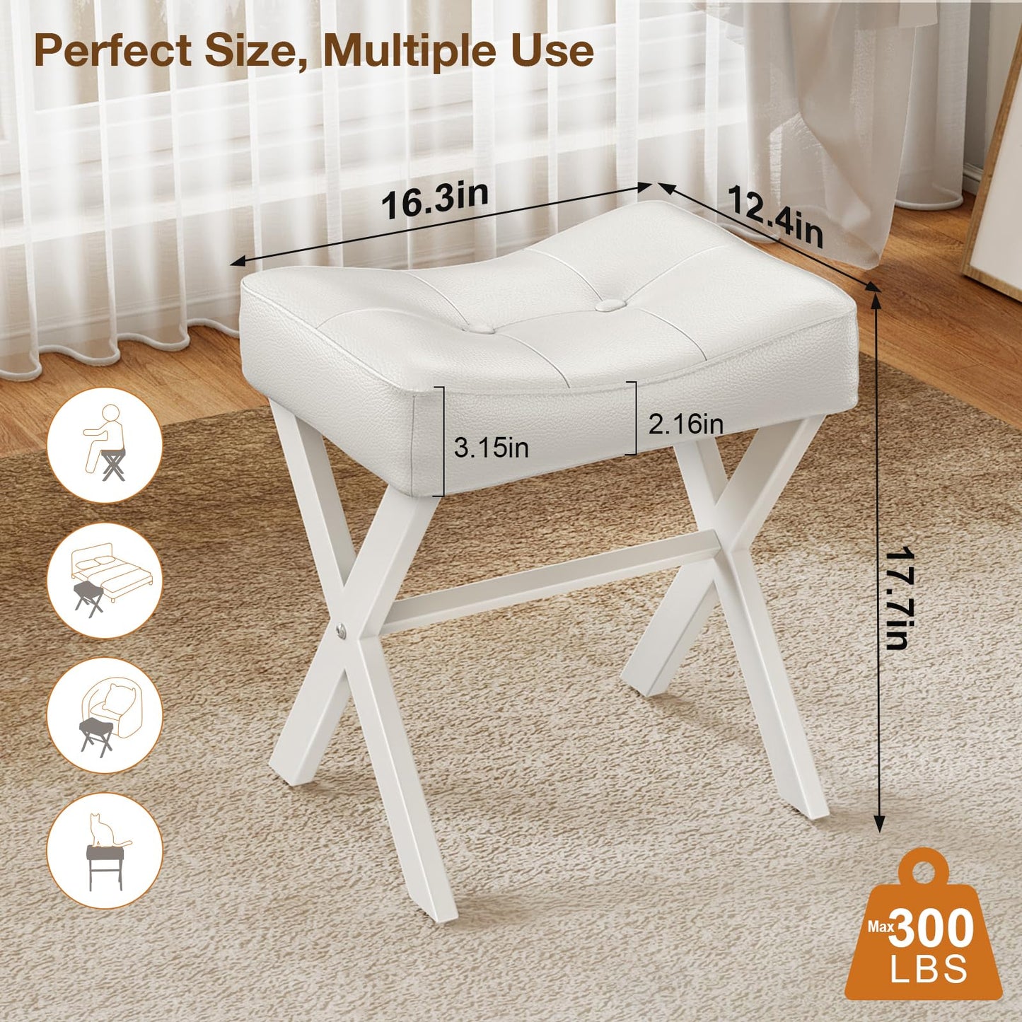 Memobarco 18-Inch Leather Vanity Stool Chair, Vanity Bench with Metal X-Leg, Ottoman Accent Stool with Thick Padded Saddle Seat, White
