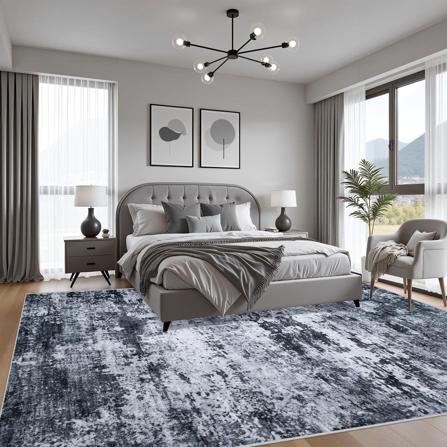 6x9 Area Rug Living Room Rug: Washable Modern Abstract Soft Thin Rug Indoor Floor No Slip Stain Resistant Carpet for Bedroom Dining Room Farmhouse Nursery Home Office - Black