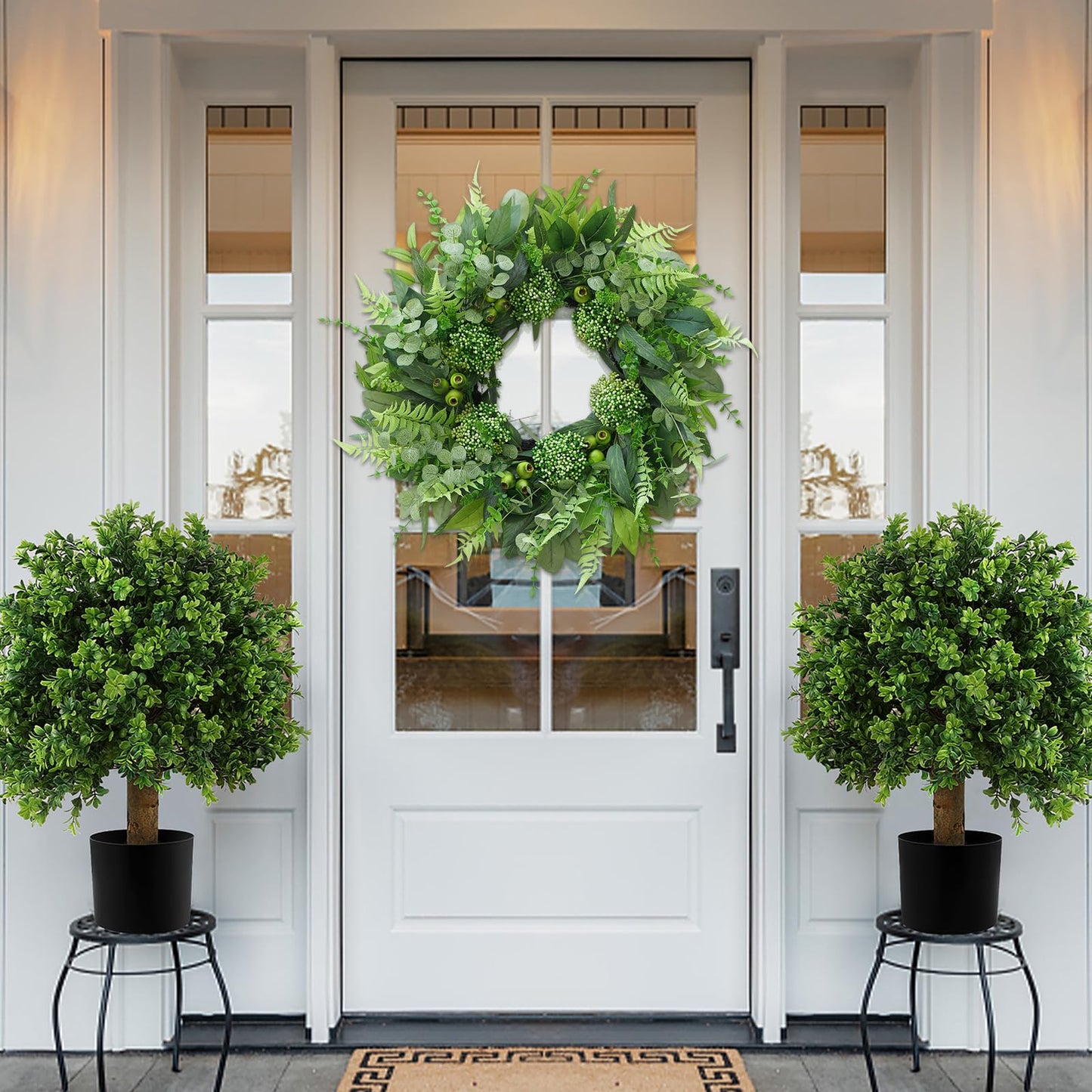 24 Inch Artificial Greenery Wreath for Front Door - Green Wreath with Eucalyptus and Fern Leaves, Spring Summer Fall Winter Eucalyptus Wreaths, Indoor Outdoor Wreath for Farmhouse Outside Year Round