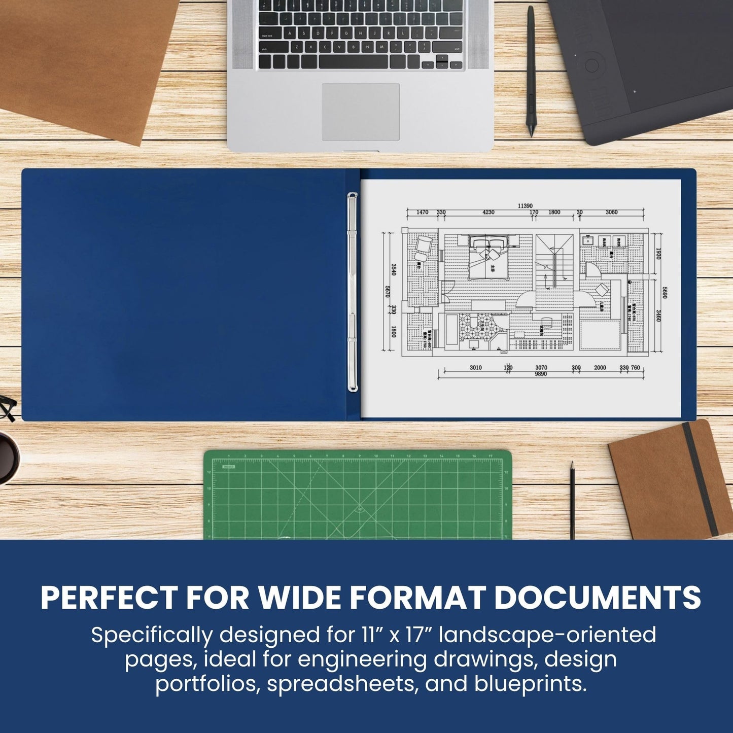 10 Pack of 11”x17” Landscape Pressboard Presentation Binder Folder, Blue Fiberboard Report Cover with 3" Capacity Metal Prong Paper Fastener, Heavy-Duty Document Binder for Reports and Proposals