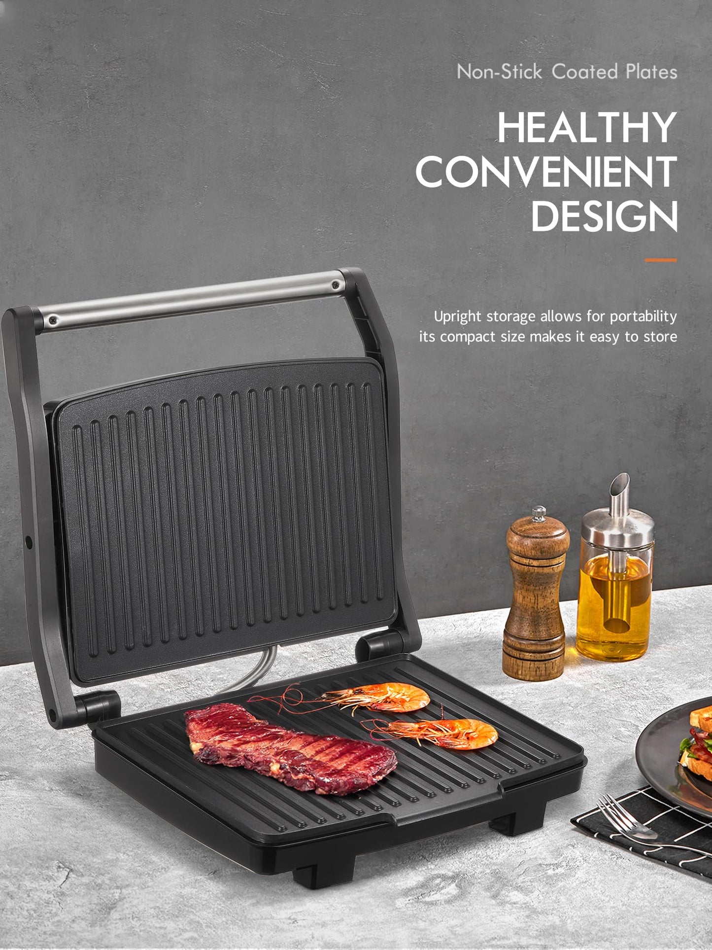 Yabano Panini Press Grill, Gourmet Sandwich Maker, Electric Indoor Grill with Non-Stick Cooking Plate and Removable Drip Tray, Easy to Clean, Stainless Steel