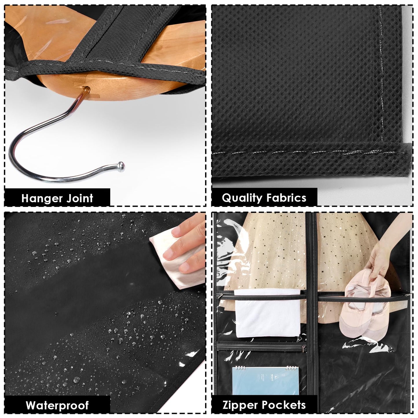 Univivi 40 Inch Kids Dance Costume Garment Bag, Dance Competition Garment Bags for Teens With 3 Medium Clear Zipper Pockets for Storage And Travel (Black) - 8 Pack