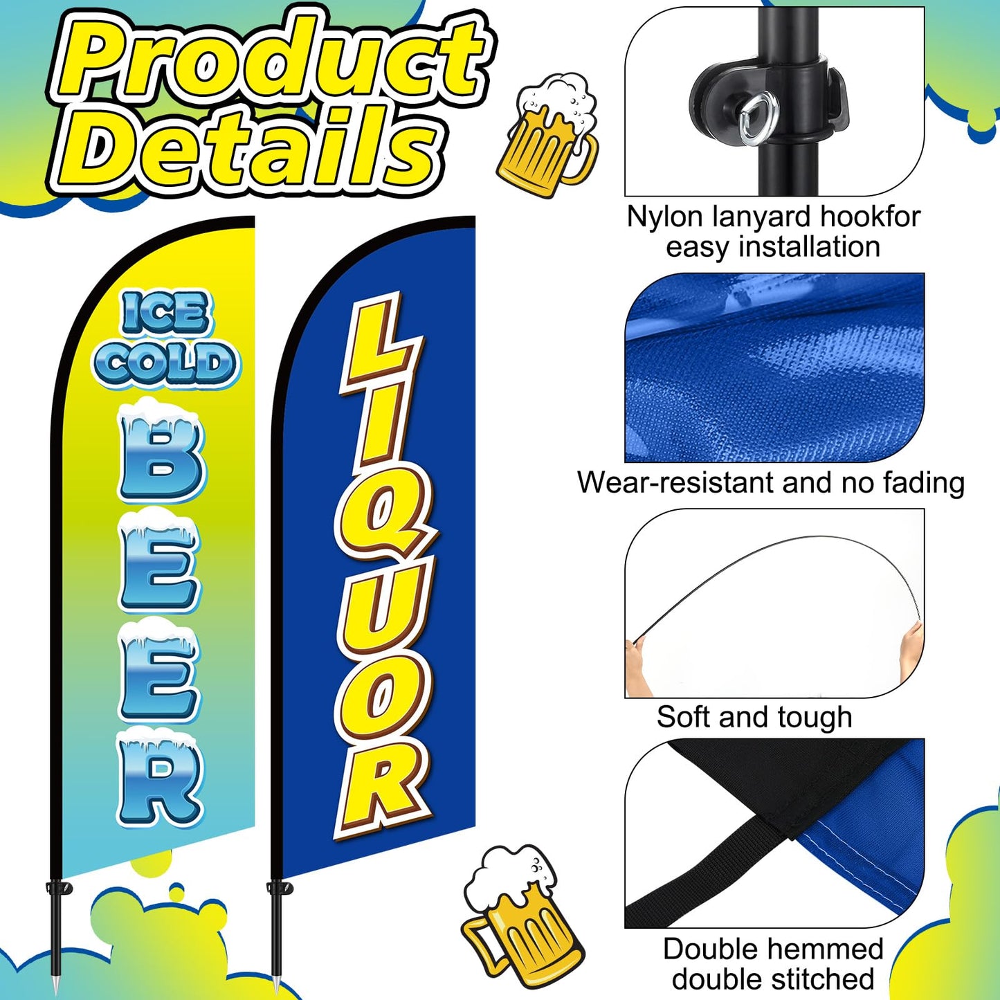 CrystalSylara 2 Pack 8.2 ft Ice Cold Beer Liquor Feather Flags Advertising Swooper Flag Banner Sign Included Hardware for Bars, Stores, Outdoor Businesses