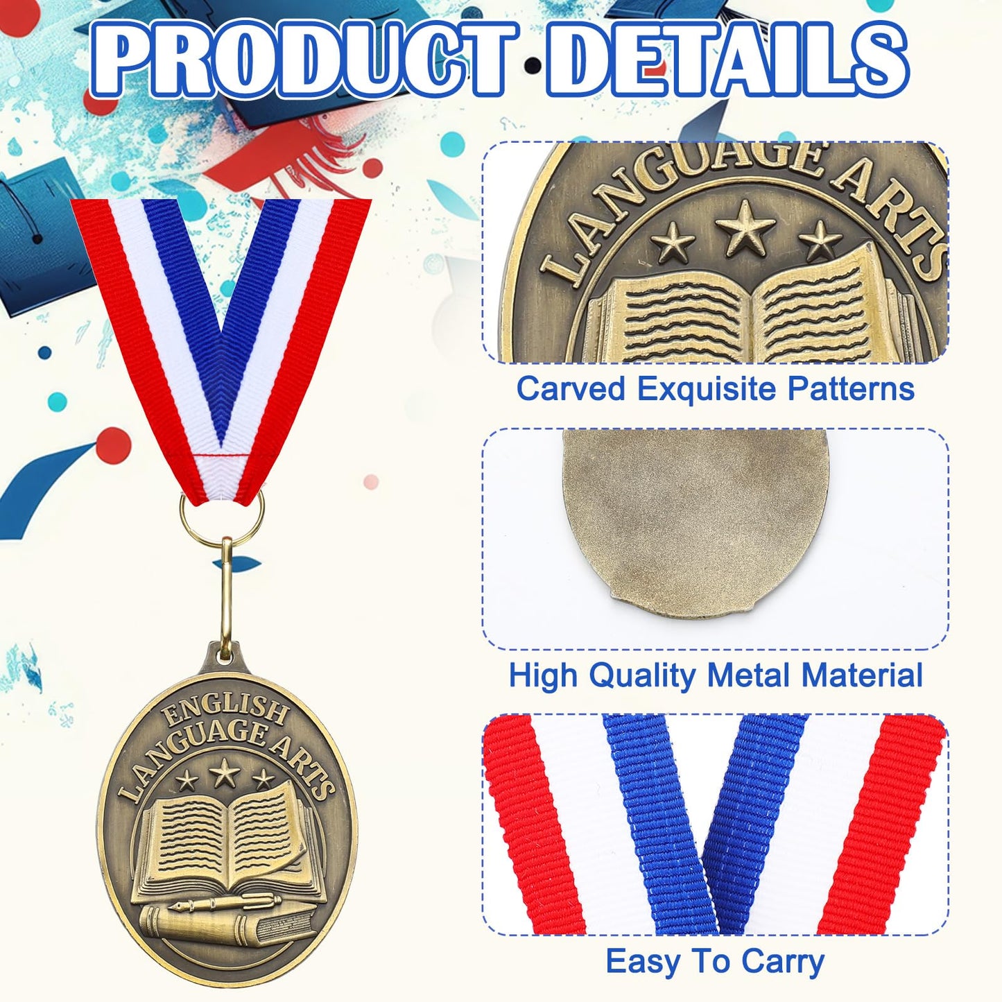 Liliaafar 36 Pcs English Language Arts Award Medals Bulk with Neck Ribbons Gold Trophy Prize Gift for Competition Graduation Ceremony