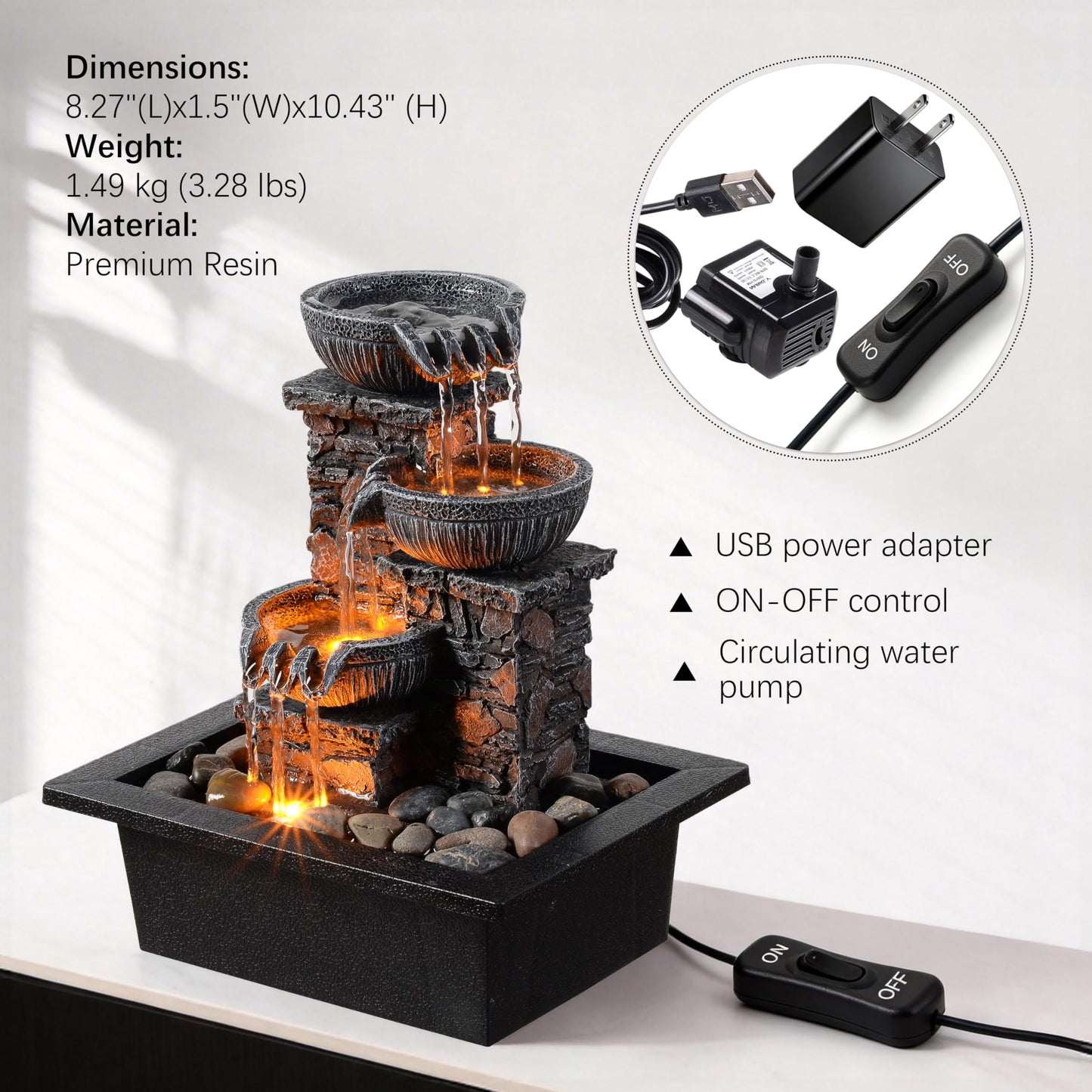 Kalona Tabletop Fountain 3 Bowls with LED Light Soothing Water Flowing Sound Fountain Zen/Meditation Home/Office Decor Home Décor Relaxation Indoor (23113)
