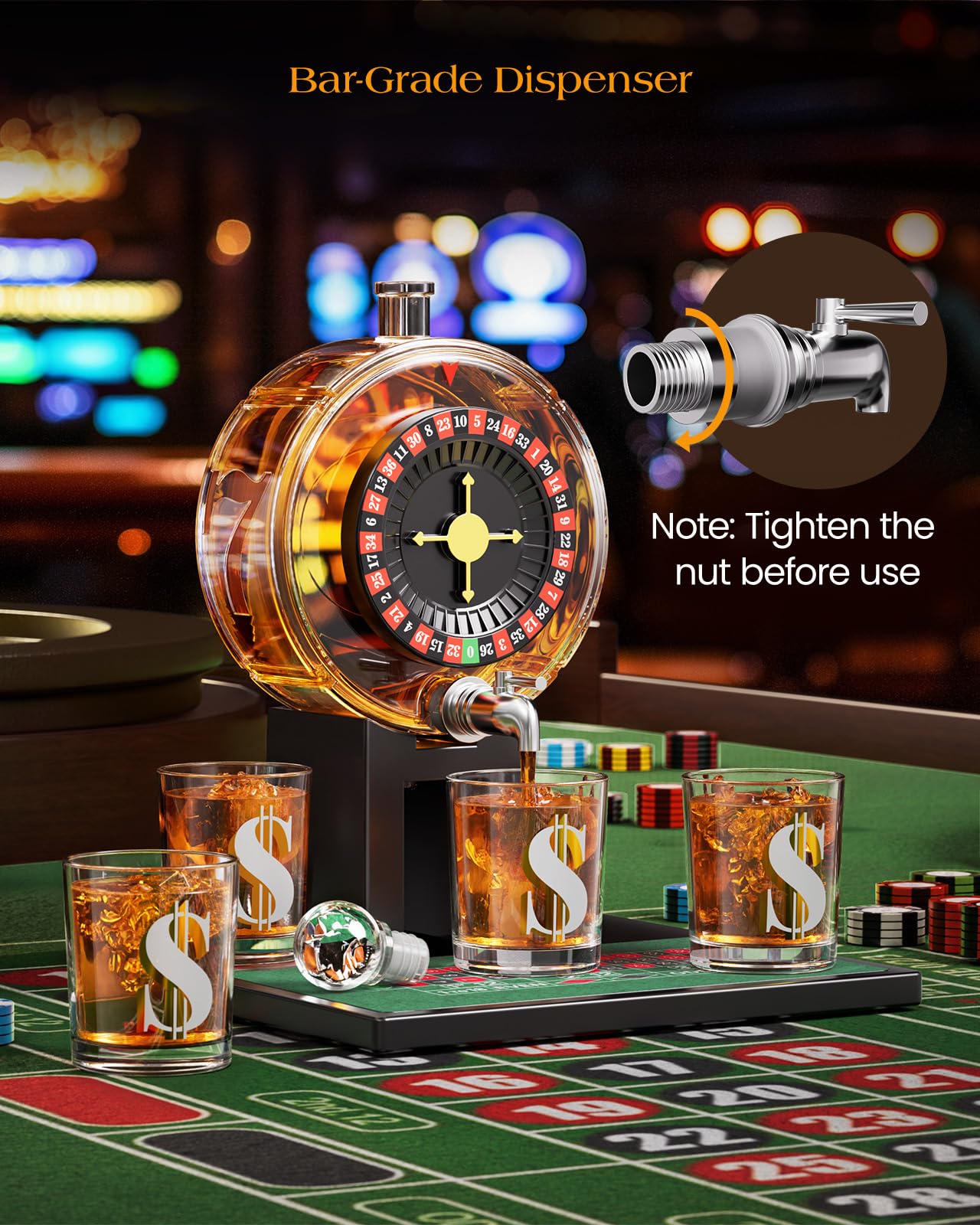 Kollea Roulette Whiskey Decanter Set, 60.9 Oz Casino-Style Slot Decanter with 4 Dollar Glasses, New Year Birthday Gifts for Men Dad, Him, Liquor Dispenser for Anniversary, Bar, Poker Night, Men Cave