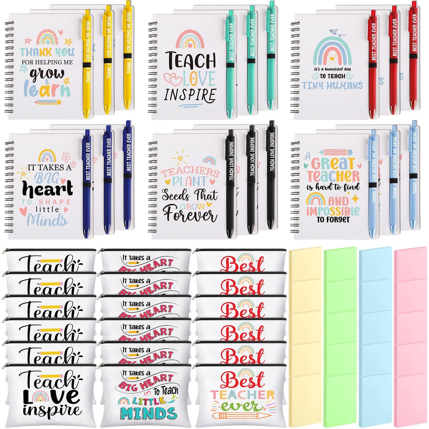Resurhang 72 Pcs Teacher Appreciation Gifts Bulk Spiral Notebook Thank You Gifts for Women Includes Rainbow Wirebound Spiral Notebook Ballpoint Pen Makeup Bags Sticky Note for Teachers Gifts
