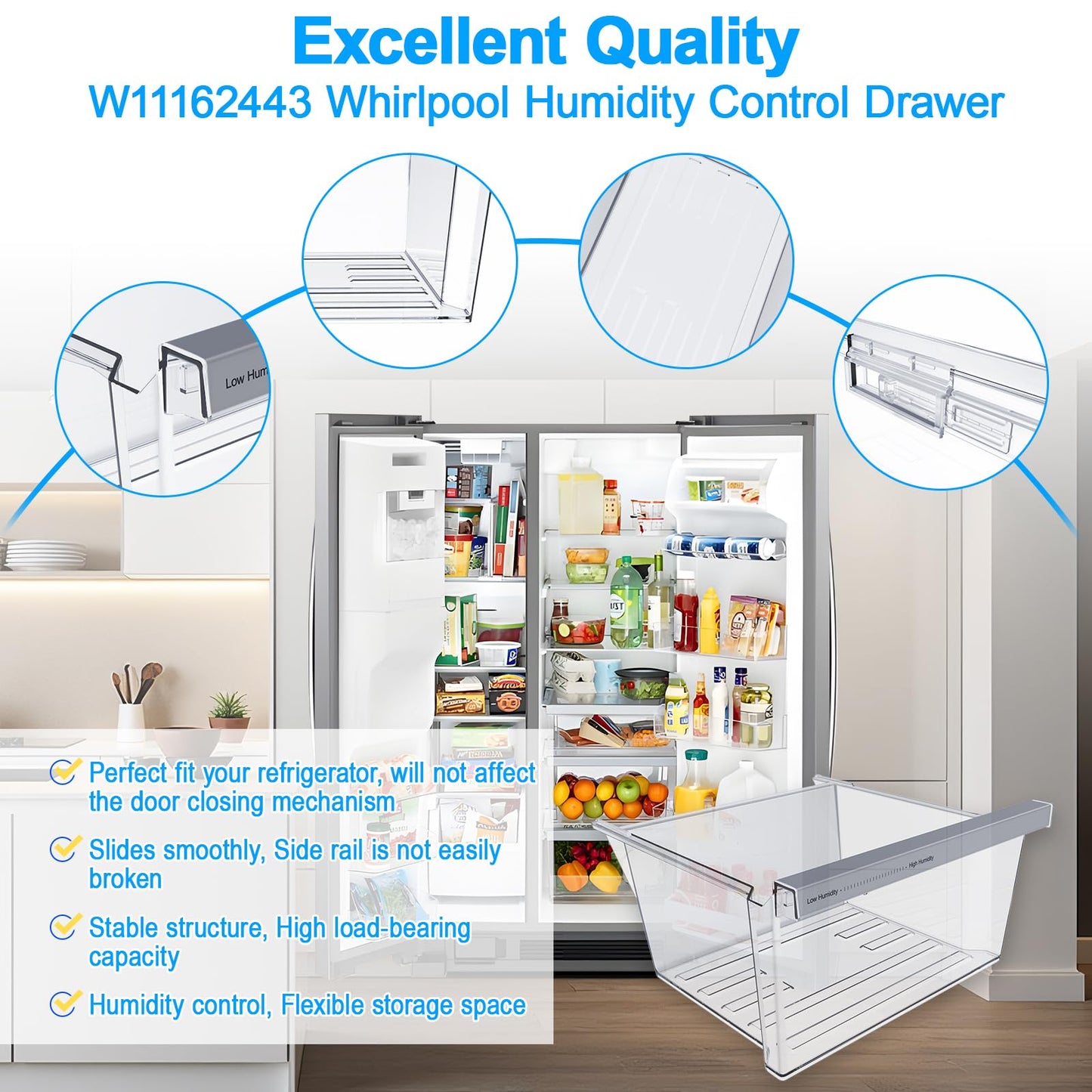 UPGRADED W11162443 Refrigerator Crisper Drawer Compatible with Whirlpool Crisper Drawer W10899435 Whirlpool Fridge Drawer W11046494 Maytag Refrigerator Drawer WRS325SDHZ WRS315SDHZ WRS315SDHM Drawer