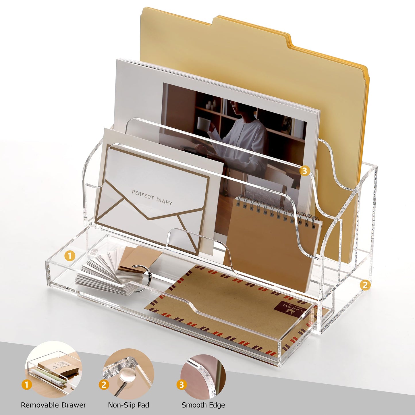 SANRUI Clear Desk Organizer Holder with Drawers, Acrylic Desktop Manila folders File Mail Sorter Box, Office Desk Accessories & Workspace Envelope Bill Letter Organization Racks, 3 Compartments