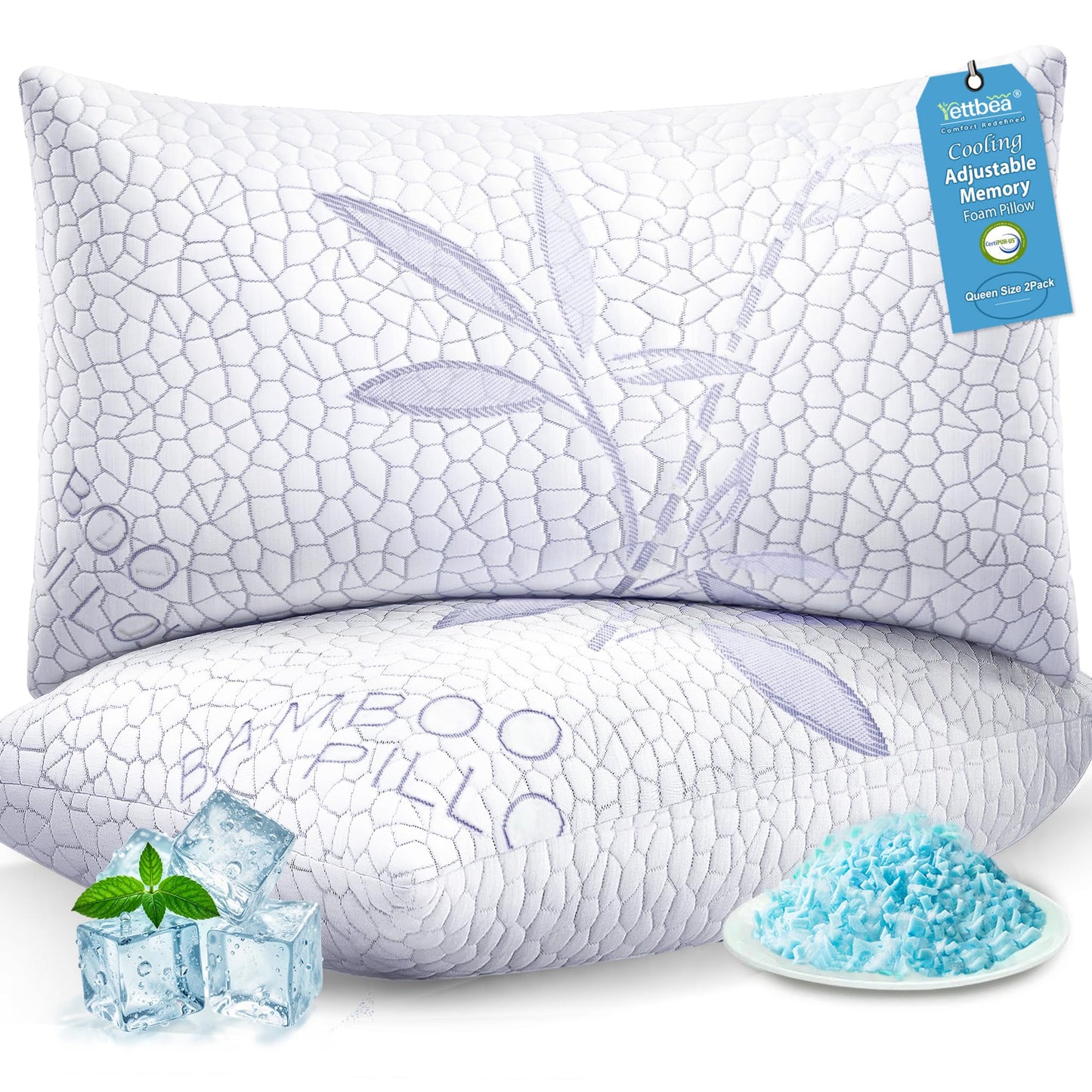 Yettbea Adjustable Shredded Memory Foam Pillows Queen Size Set of 2, Luxury Bamboo Cooling Pillow w/Washable Zippered Cover, Soft or Firm Support Bed Pillow for Side, Back, Stomach Sleeper