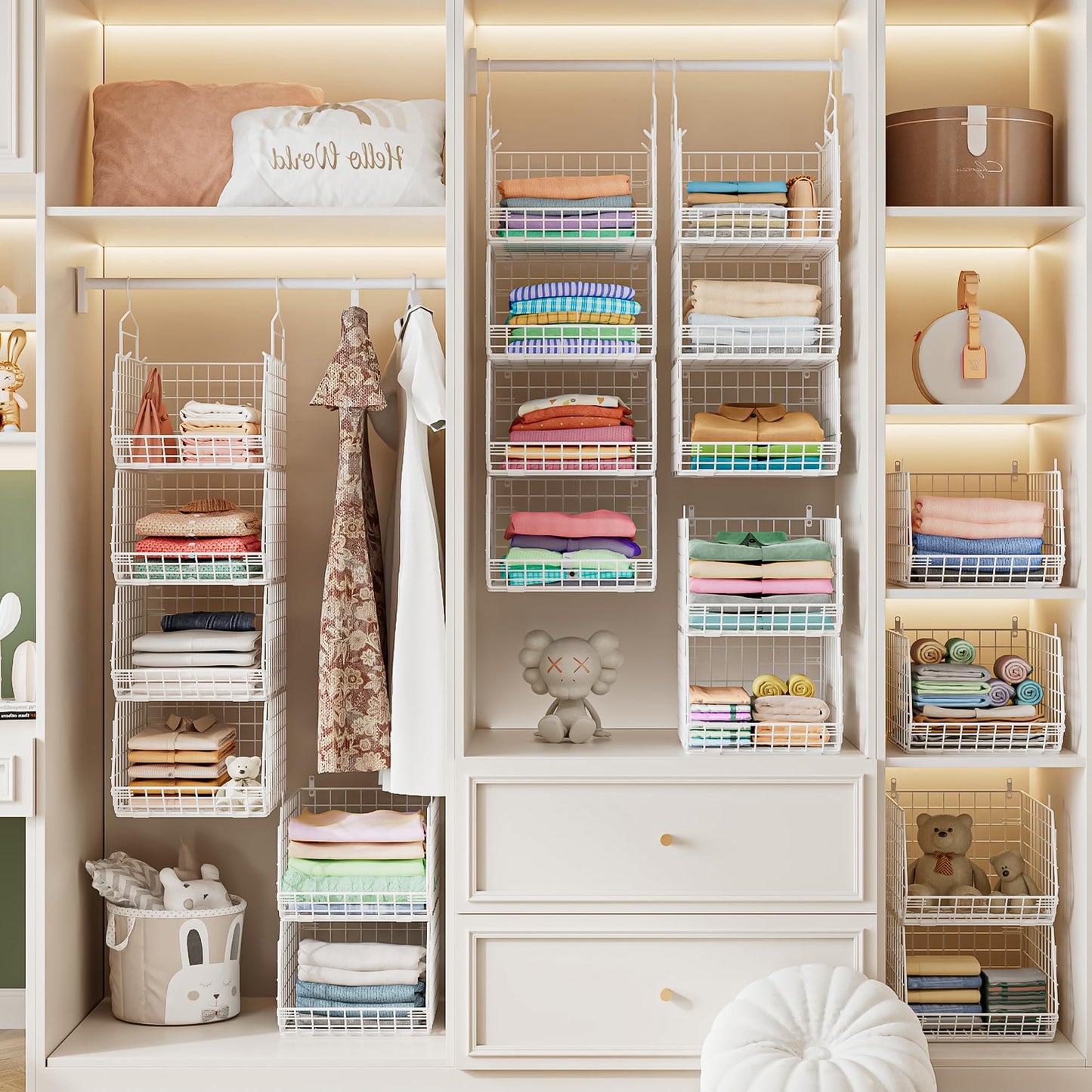 4" Extra Deeper Foldable Hanging Closet Organizer, Small Wire Cabinet Shelves and Storage with 5 S Hooks,4 Tier Metal Basket Bins for Clothes Sweaters Handbags, Wardrobe for Kitchen Laundry Room，White
