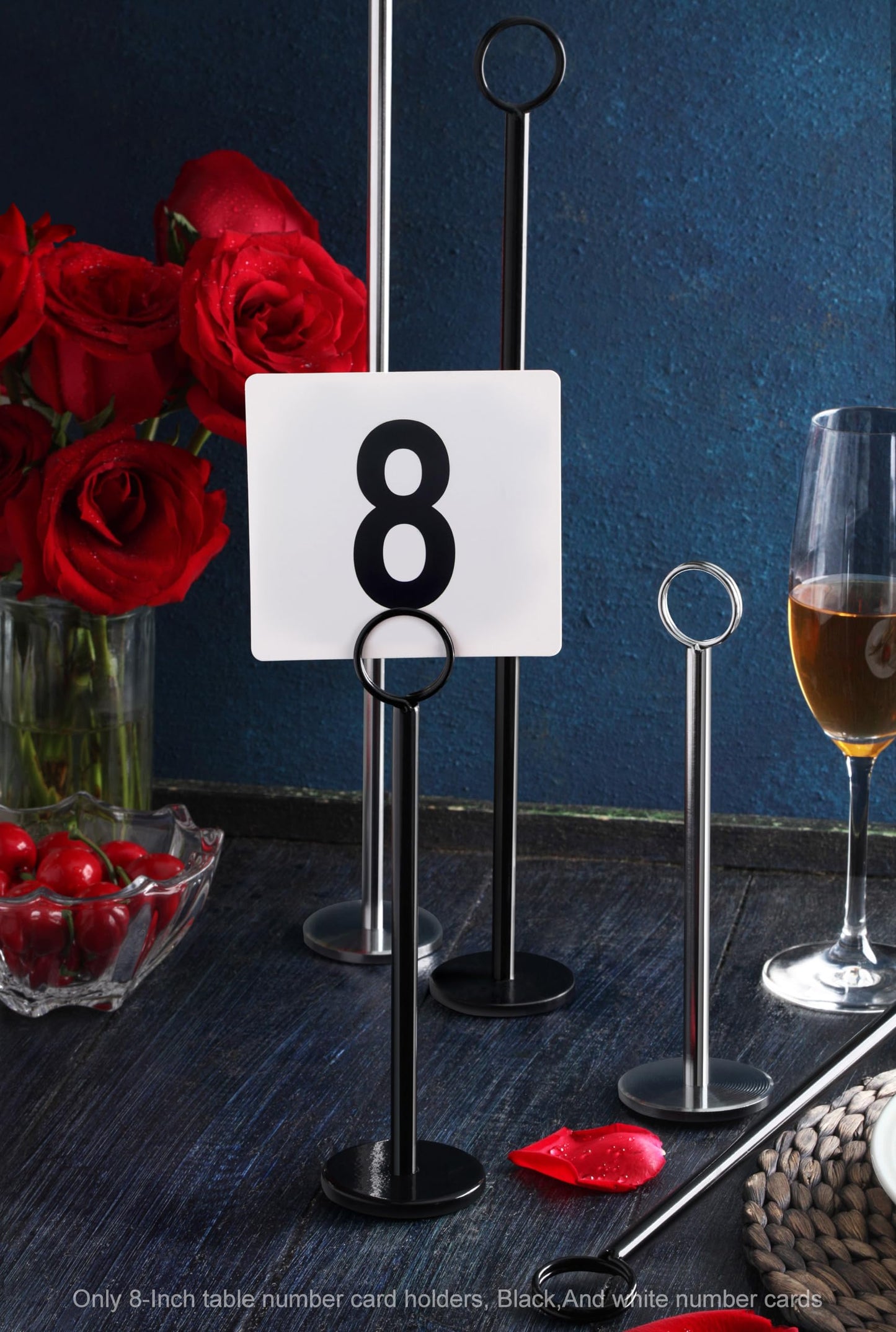 New Star Foodservice Ring Clip Table Number Card Holders with Number Cards 1 to 25, Set of 12, 8-Inch, Black Stand, Stainless Steel
