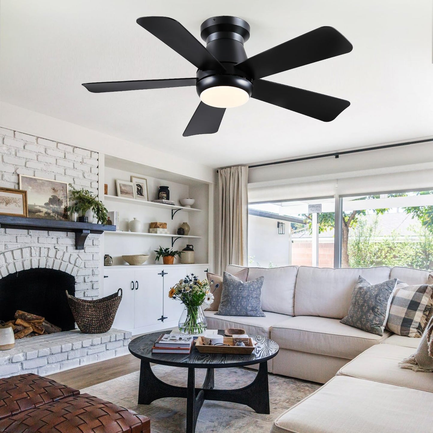 Hounberi 40 Inch Black Ceiling Fan with Light and Remote, Low Profile Flush Mount Ceiling Fans, Quiet Reversible Motor, 3-Color Dimmable LED, Modern Indoor Fan for Bedroom, Living Room & Low Ceilings