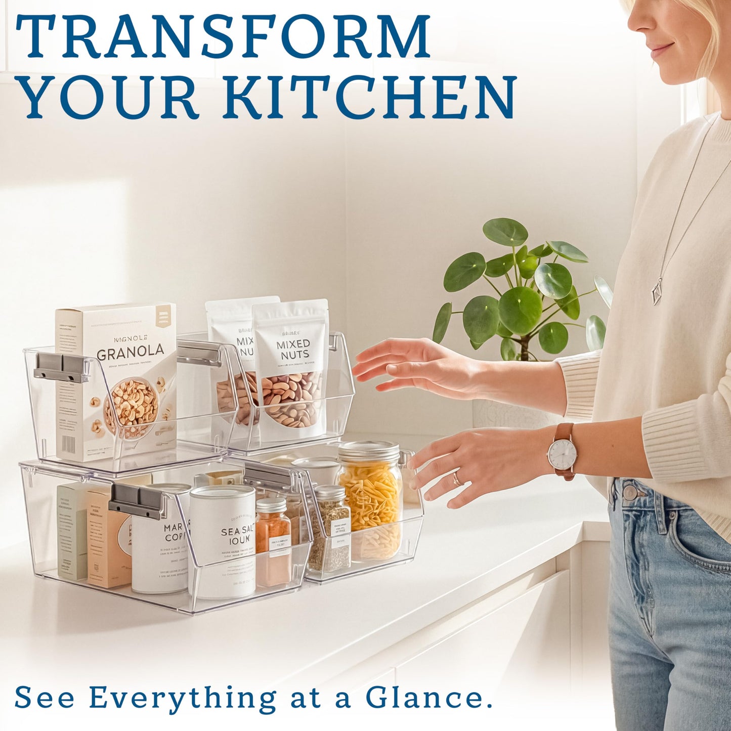 HOMESTEAD Set of 4 Stackable Storage Bins, 2 Large + 2 Small Clear Plastic Organizer Bins, Open Front Design for Kitchen Pantry, Fridge, Cabinet, Bathroom Organization and Snack Storage