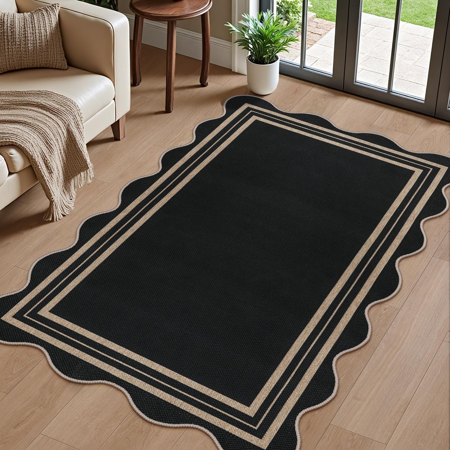 LORWER Scalloped Easy Jute 3x5 Outdoor Rug, Washable Rugs for Entryway Black Front Door Mat, Farmhouse Neutral Non Slip Indoor Carpet for Patio Living Room Backyard